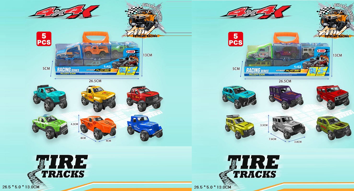 Набір машин арт. T221-1 (96шт/2) 5шт металевих машин у пластіковому боксі у вигляді трейлера, під слюдою 26,5*13*5см