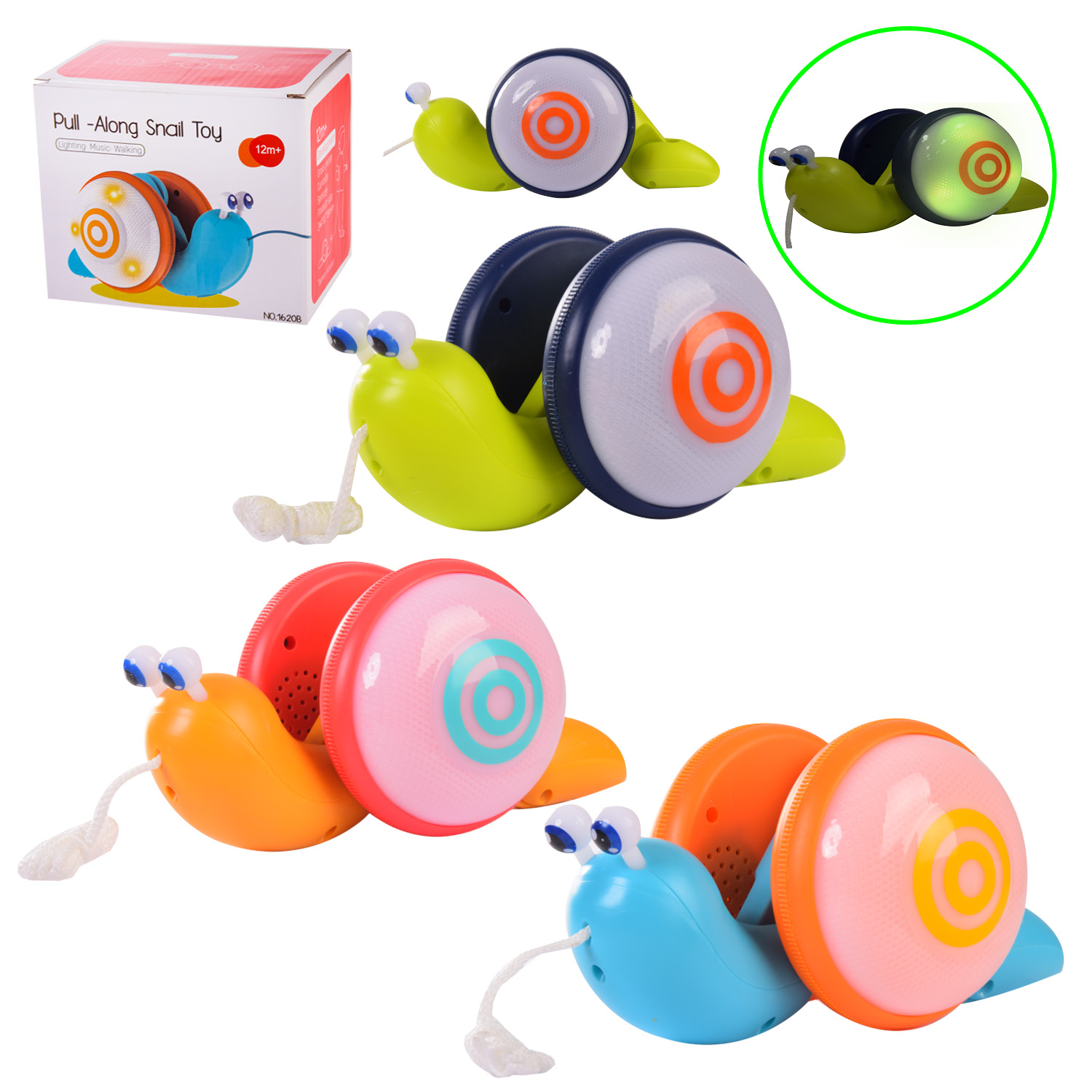 Каталочка арт. 1620B (72шт) Равлик, на мотузочку, 3 кольори, колеса, що світяться, короб. 15*10*13 см,р-р игрушки – 26*12*9 см