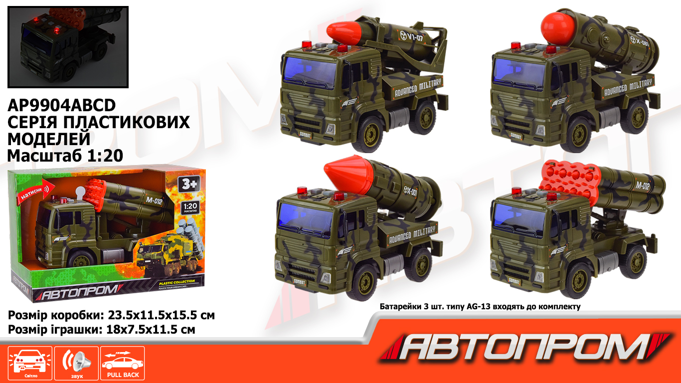 Машина АВТОПРОМ арт. AP9904ABCD (36шт) батар.,Військова техніка" світ.,звук, короб. 23,5*15,5*11,5см