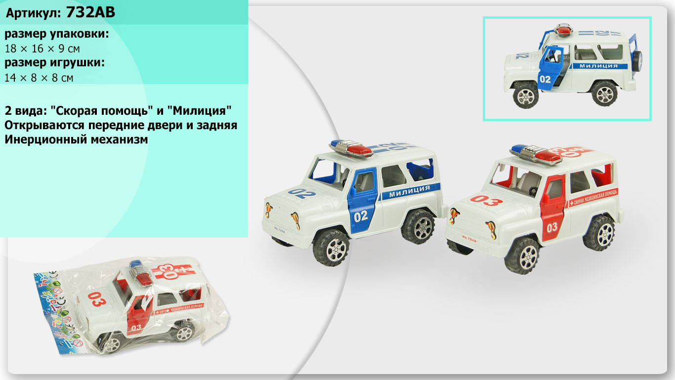 Машина арт. 732AB (300шт/2)RUS "Міліція" 2 види, відкр., двері, пакет. 18*6*9см