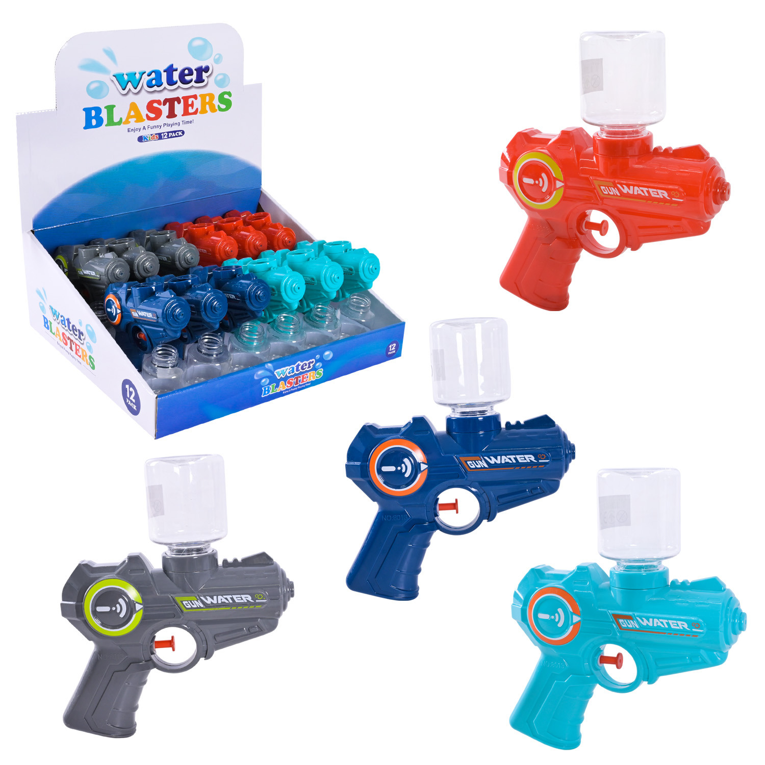 Водний пістолет арт. 8013A (216шт/2)  15 см з пляшкою 18дисл. по12 шт у дісплеї  4 кольори, р-р 16*4*18 см, у дисплеї 32*32*15 см