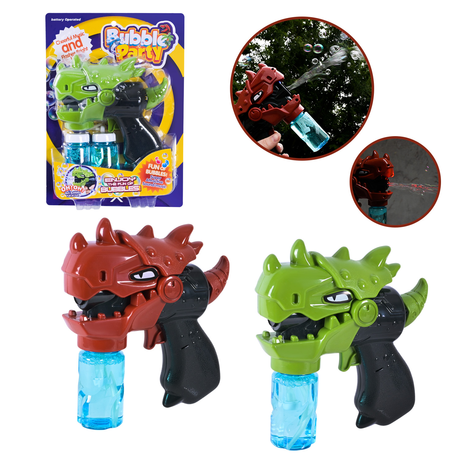 Мильні бульбашки арт. KM1388-32 (36шт) пістолет Динозавр,2 кольори,16 см,2 запаски,батар.,планшет. 28*20 см