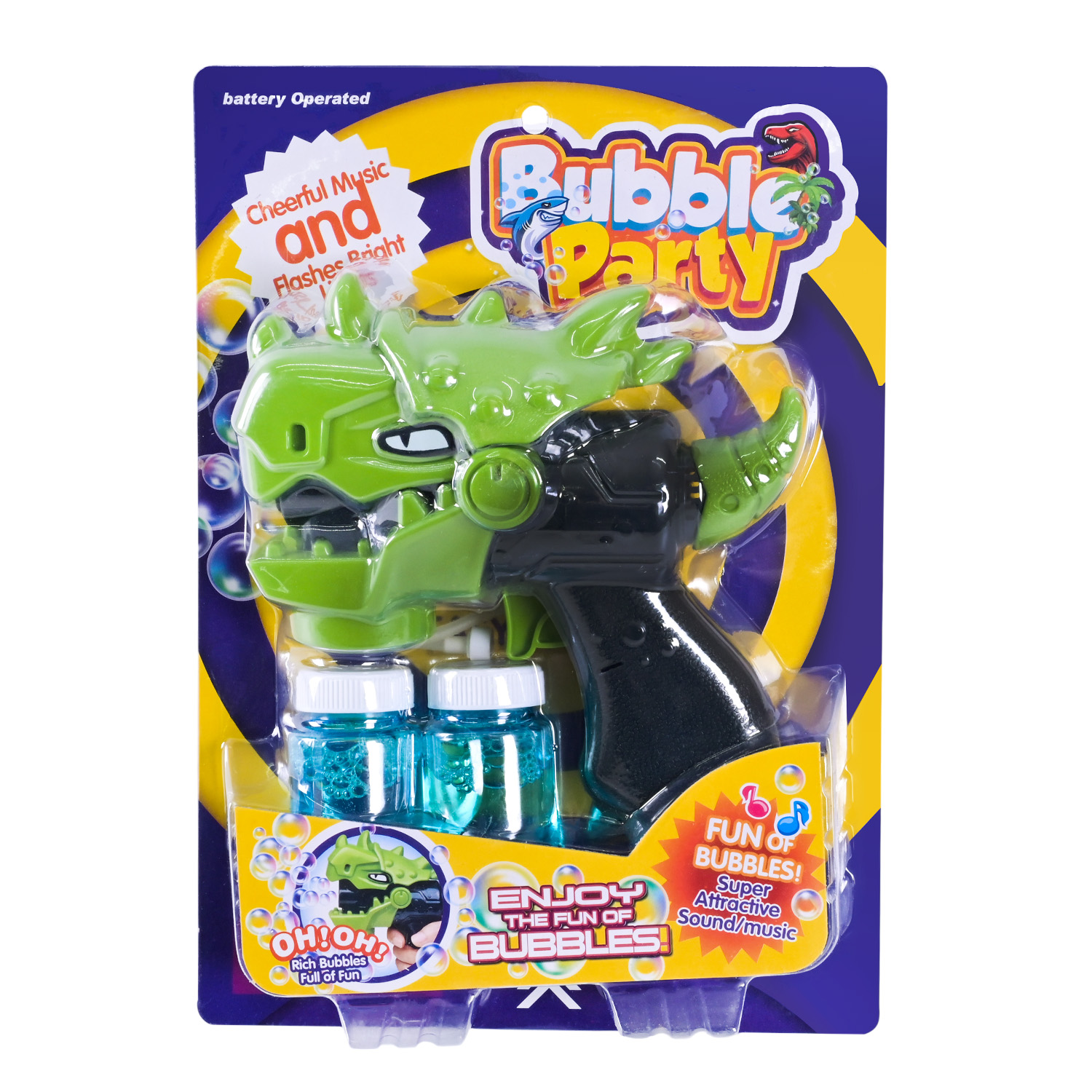 Мильні бульбашки арт. KM1388-32 (36шт) пістолет Динозавр,2 кольори,16 см,2 запаски,батар.,планшет. 28*20 см