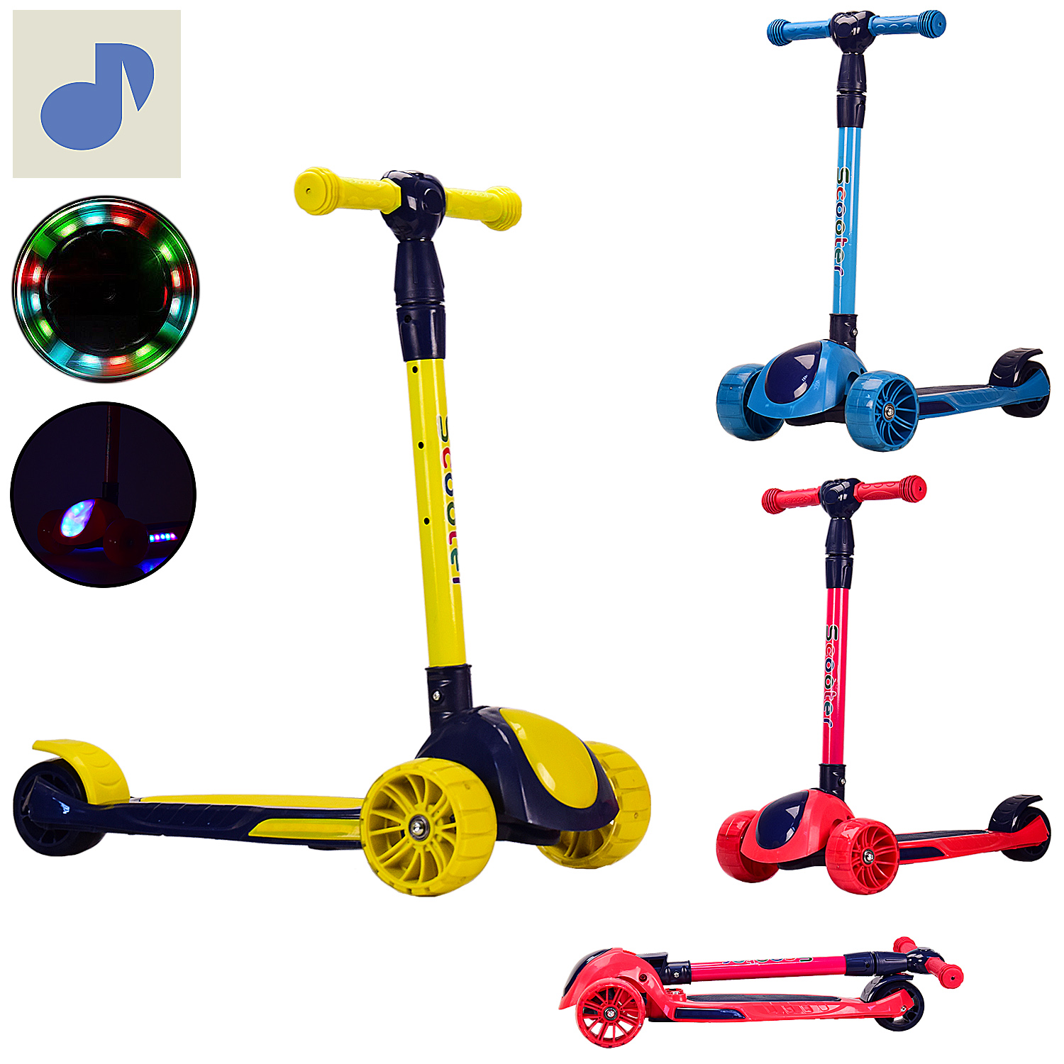 Самокат дитячий 3 колісний HS2013 (6 шт) складаний, світло, муз, колеса PU світло, 3 кольори