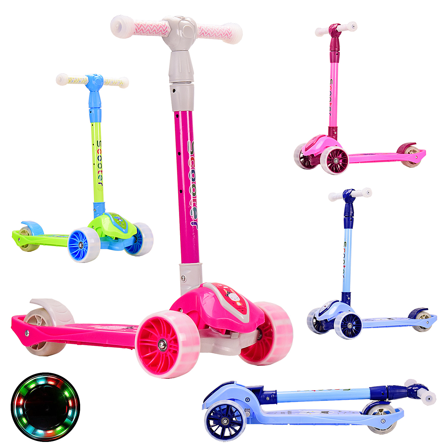 Самокат дитячий 3 колісний HS2014 (6 шт) складаний, світло, муз, колеса PU світло, 4 кольори