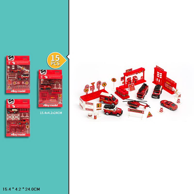 Набір пожежного транспорту метал арт. 2427 (144шт/2) 3вида, 15елементів в наборі, короб. 15,4*4,2*24см