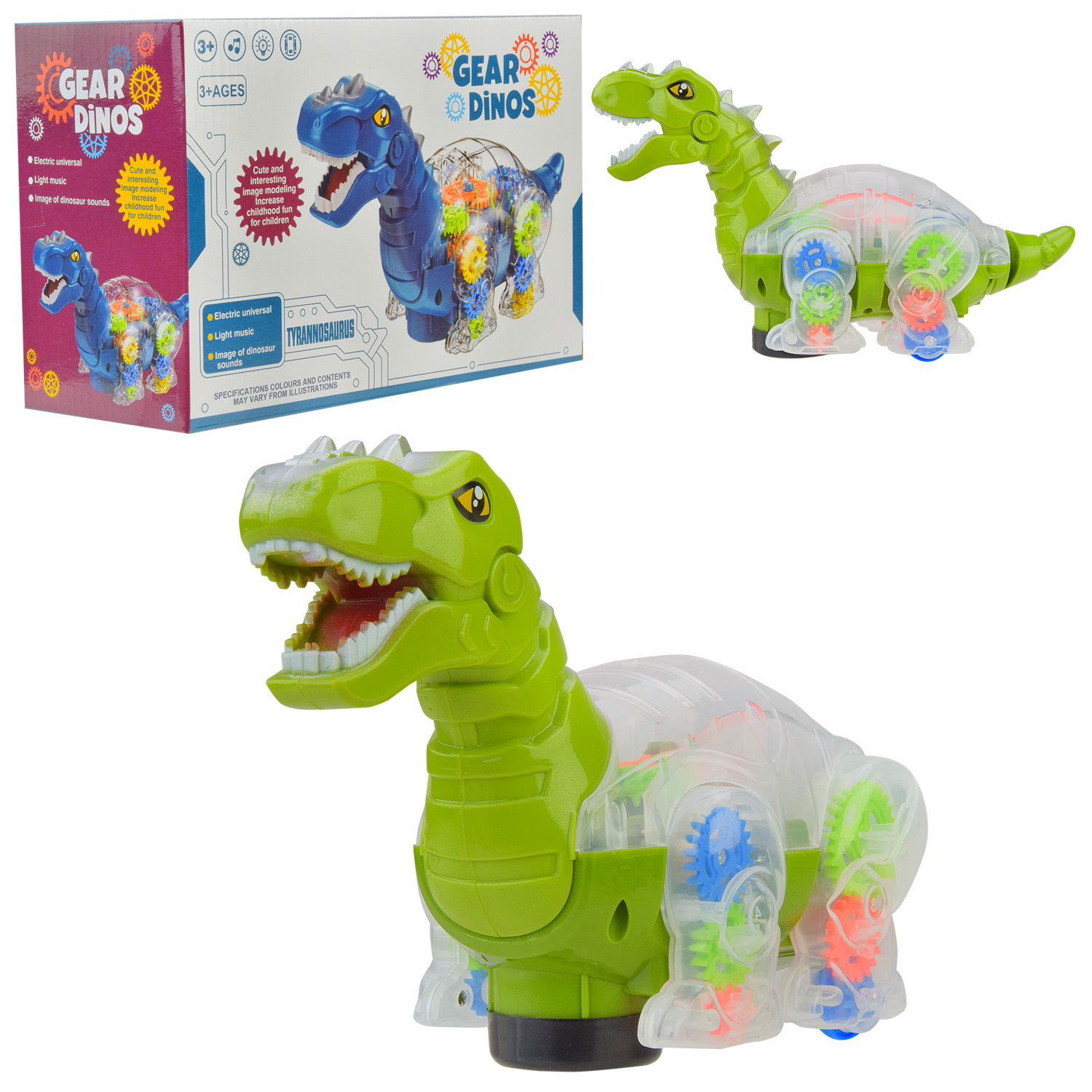 Динозавр муз. арт. QF05-2 (QF05-2-KI) (72шт/2) батар., прозорий корпус,кольорові внутрішні деталі, світ.,короб. 22,2*9,5*14,5 см