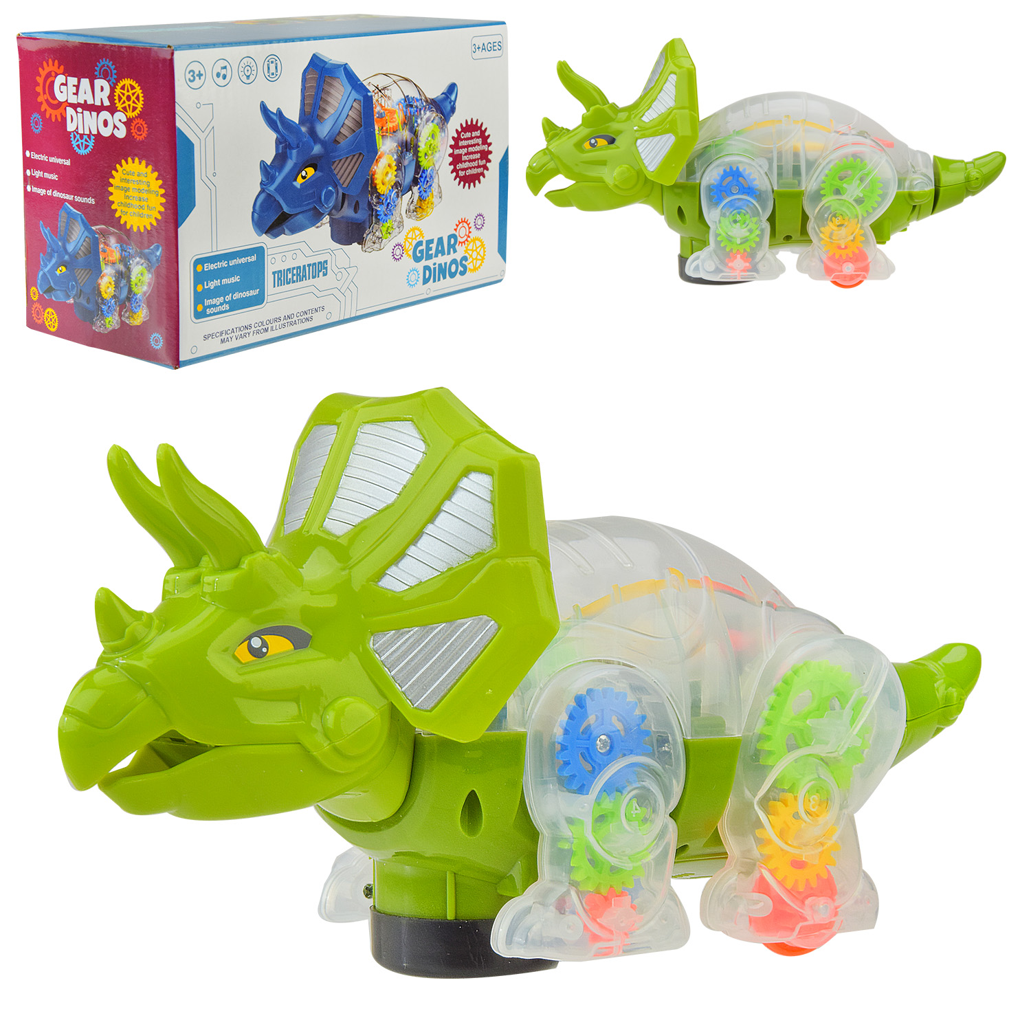 Динозавр  муз. арт. QF05-3 (QF05-3-KI) (72шт/2) батар., прозорий корпус,кольорові внутрішні деталі, світ.,звук, короб. 21*9,5*12,5 см