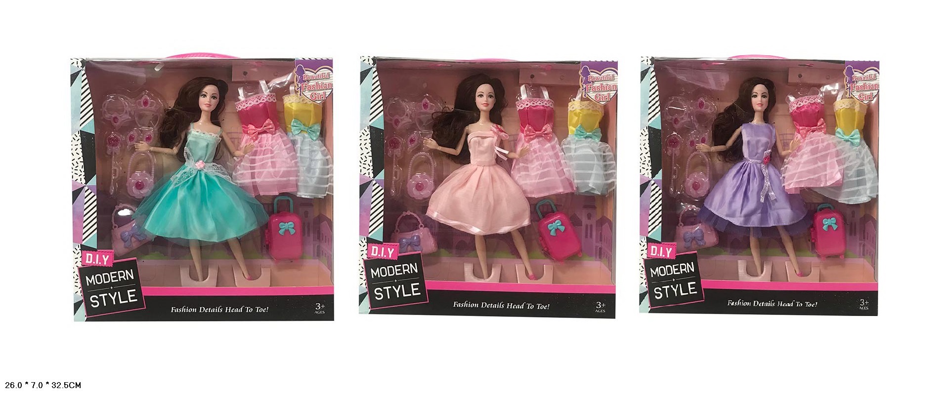 Лялька арт. R100-426/427/429 (60шт/2) мікс 3 види, з набіром суконь та аксес короб. 26*7*32см