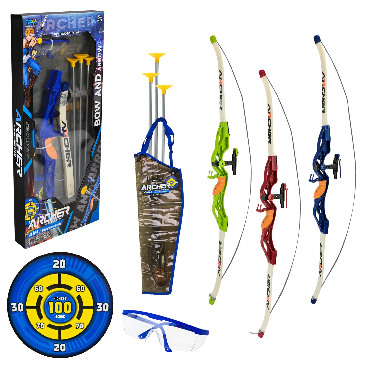 Арбалет арт. RHY-001B (24шт)   3 кольри, 3 стріли на присосках, сагайдак, окуляри, открита кор 28*62,5*6,7см