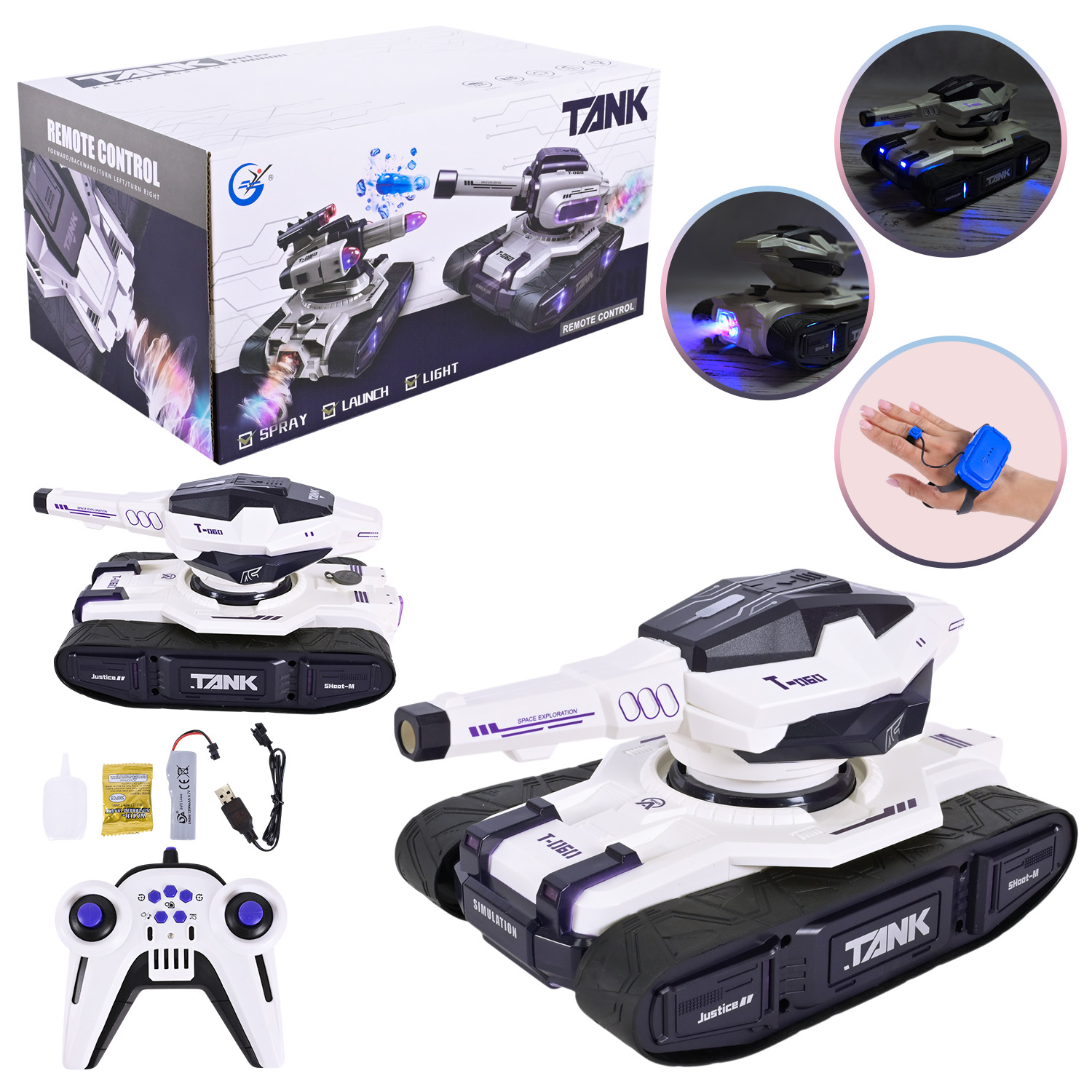 Машина-танк р/к арт. 399D-7 (18шт/2) акум, управління пультом+рукою,світло,дим, стріляє гелевимі пулями, USB зарядний пристрій, короб. 32*20*15,5см