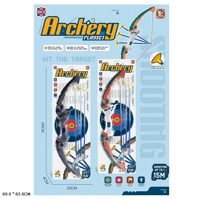 Лук арт. 949-2 (72шт/2) 2 кольора, 3 стріли на присосках, планшетка 69*23*4см