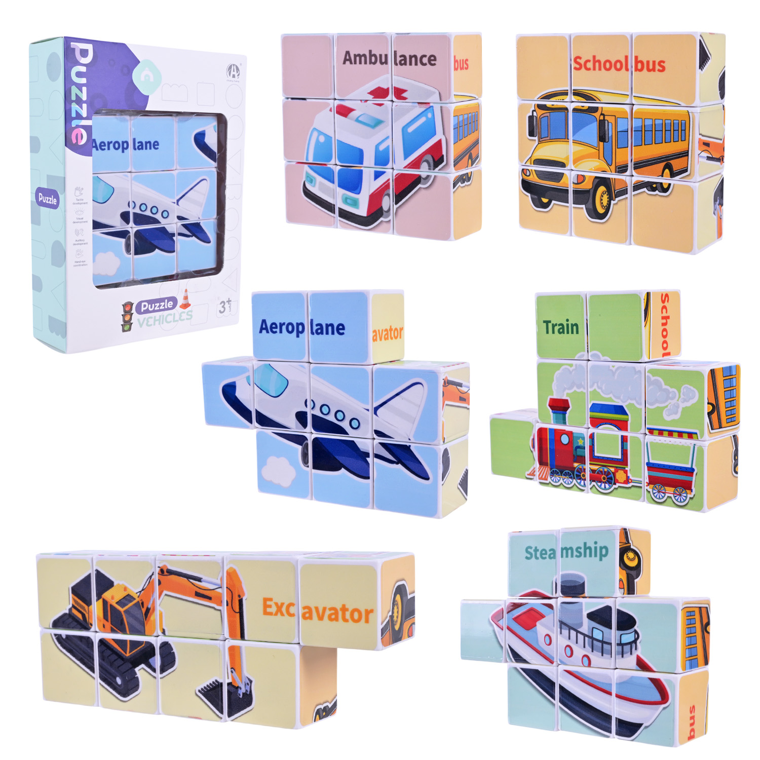 Магнітні кубики арт. CH1242 (144шт) з одного набору 6 варіантів зображень транспортних засобів, короб. 11,9*3,8*16см