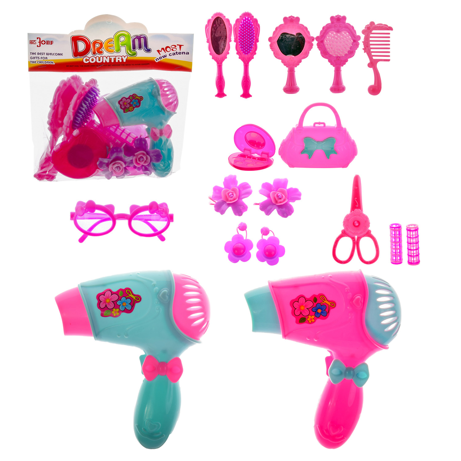 Перукарський набір арт. 123-440/441 (144шт) 2 види, фен,гребінець,дзеркало,аксес,пакет 19*19 см