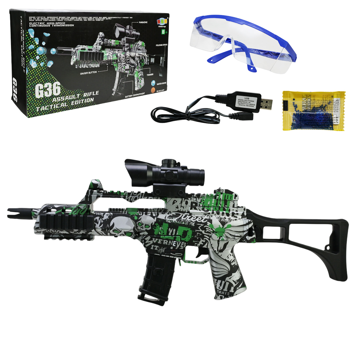 Автомат акум. арт. 1613-3 (36шт/2) стріляє гел.кулями,у коробку.