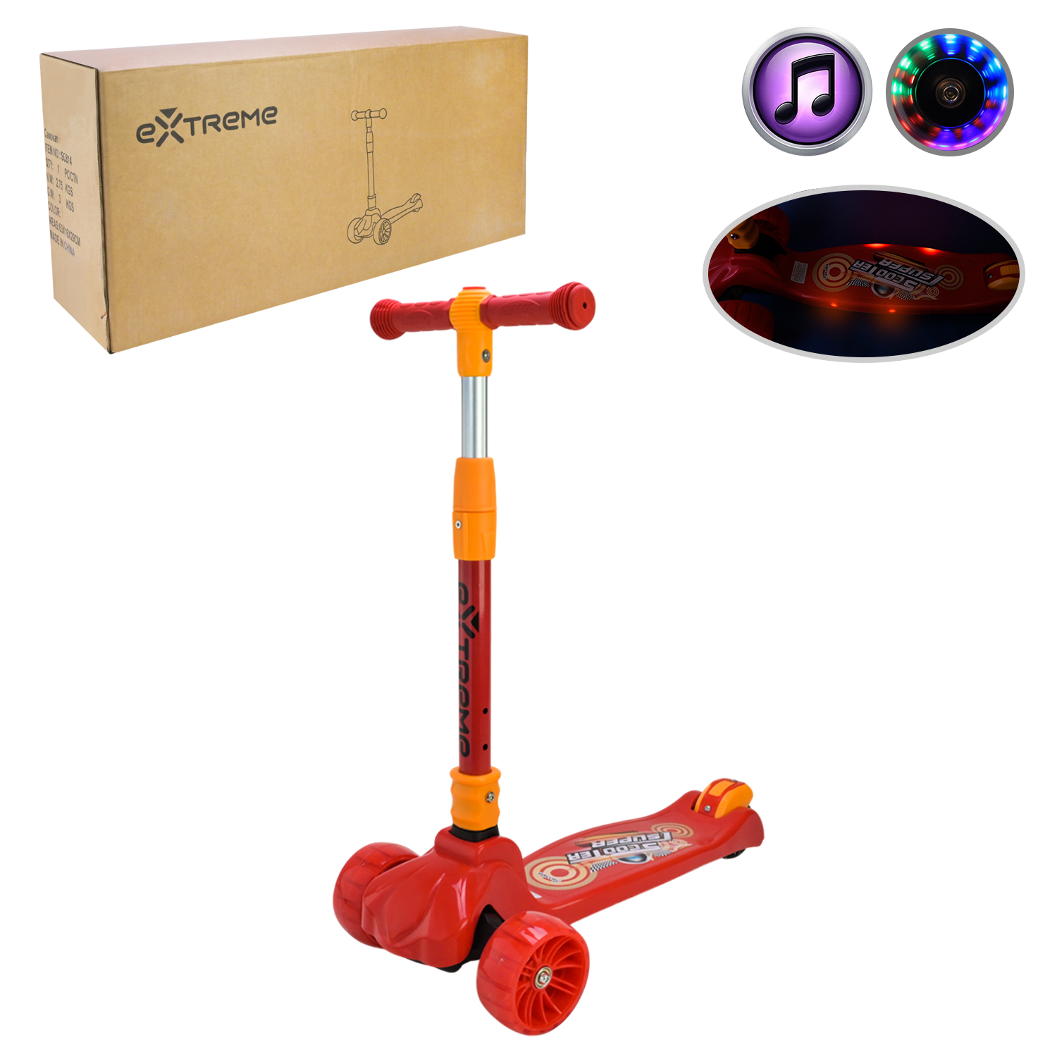 Самокат дитячий 3-х коліс арт. SC814_Red  (1шт)  ЧЕРВОНИЙ,3 колеса,PU світло, заднє пластик,складний короб.