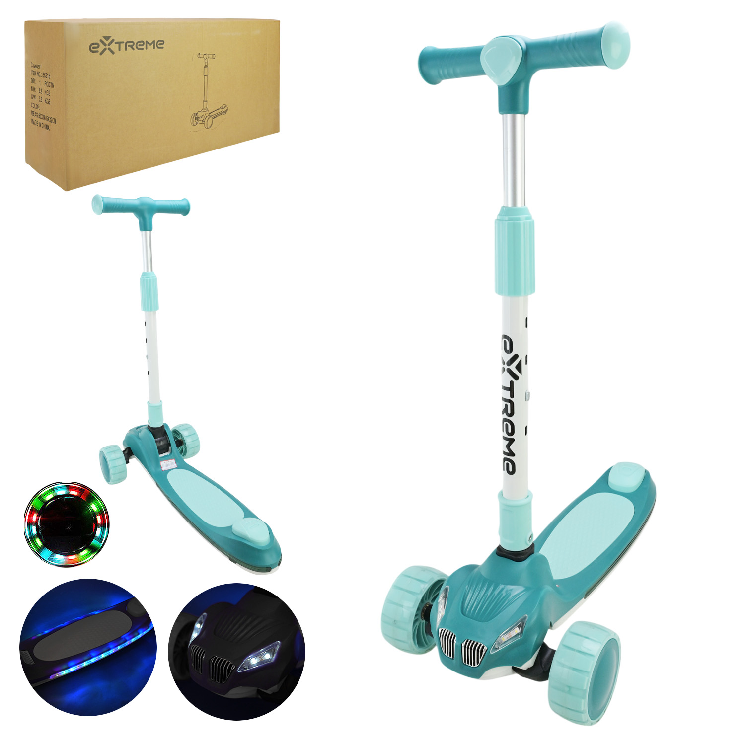 Самокат дитячий 3-х коліс арт. SC816_blue (1шт)  СИНІЙ,3 колеса,PU світло, заднє пластик, короб.