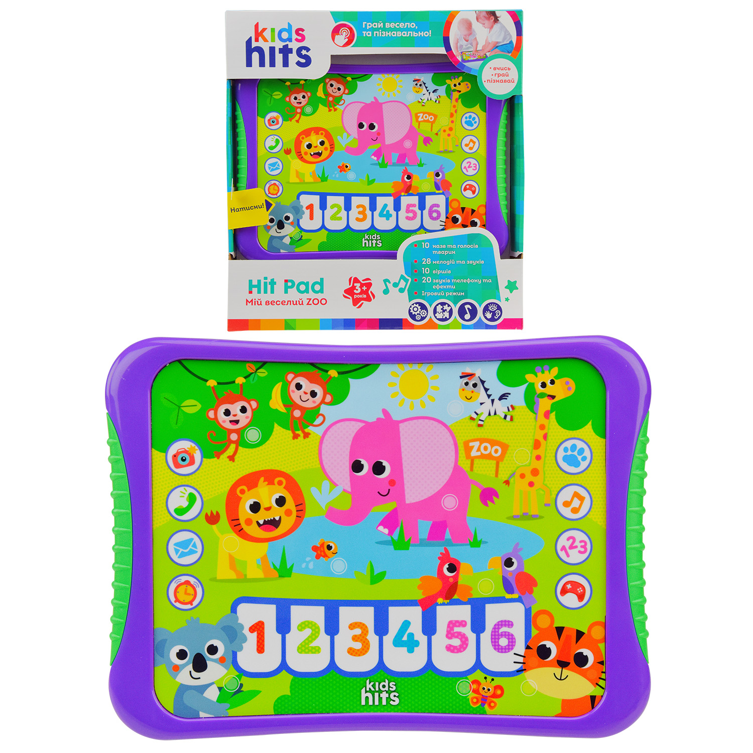 Планшет Kids Hits арт. KH01/005 (48шт)"Мій веселий Zoo"батар, на укр,назви тварин,звуки,вірши,мелодіі,гра,р-р 23,8*17*2см, короб.25*27*4см
