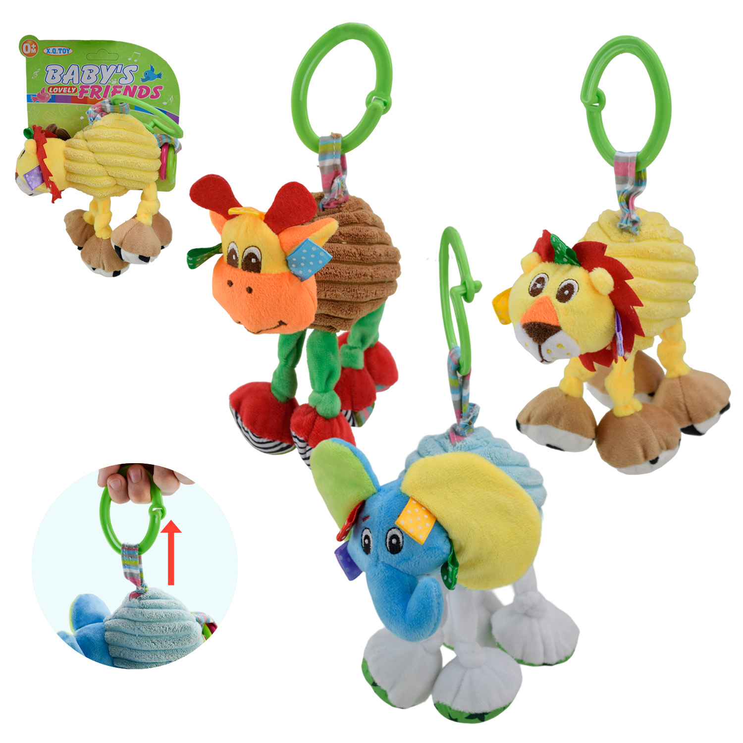 Брязкальце - підвіска арт.XQ384 (192шт/2) на ліжечко/візок тактильни частини,3 види мікс, на планшетці 14,5*14,5см