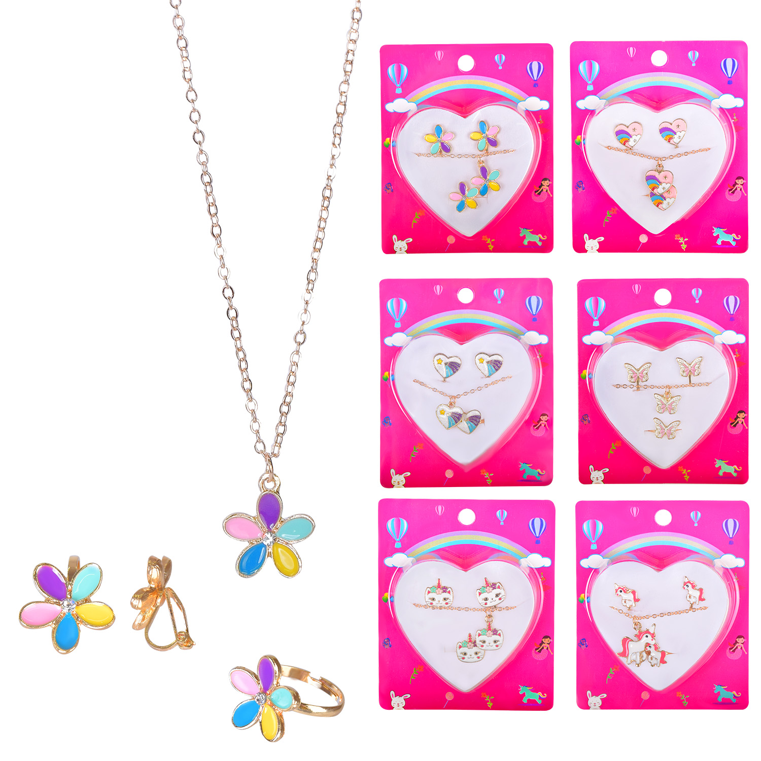 Біжутерії арт. B4319 (200шт) в серці, 3в1 сережки+кільце+намисто,мікс видів планшет.8*10*3см