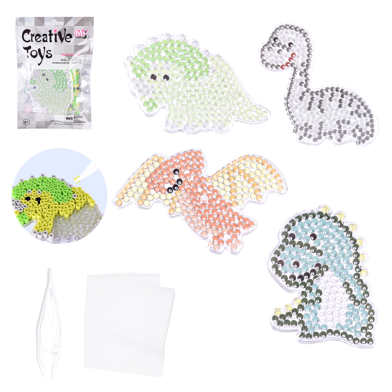 Термомозаїка арт. CT-0023K (360шт/2) динозаври, 4 види мікс, у наборі пінцет, картинка/основа, пакет 12,5*19*2см