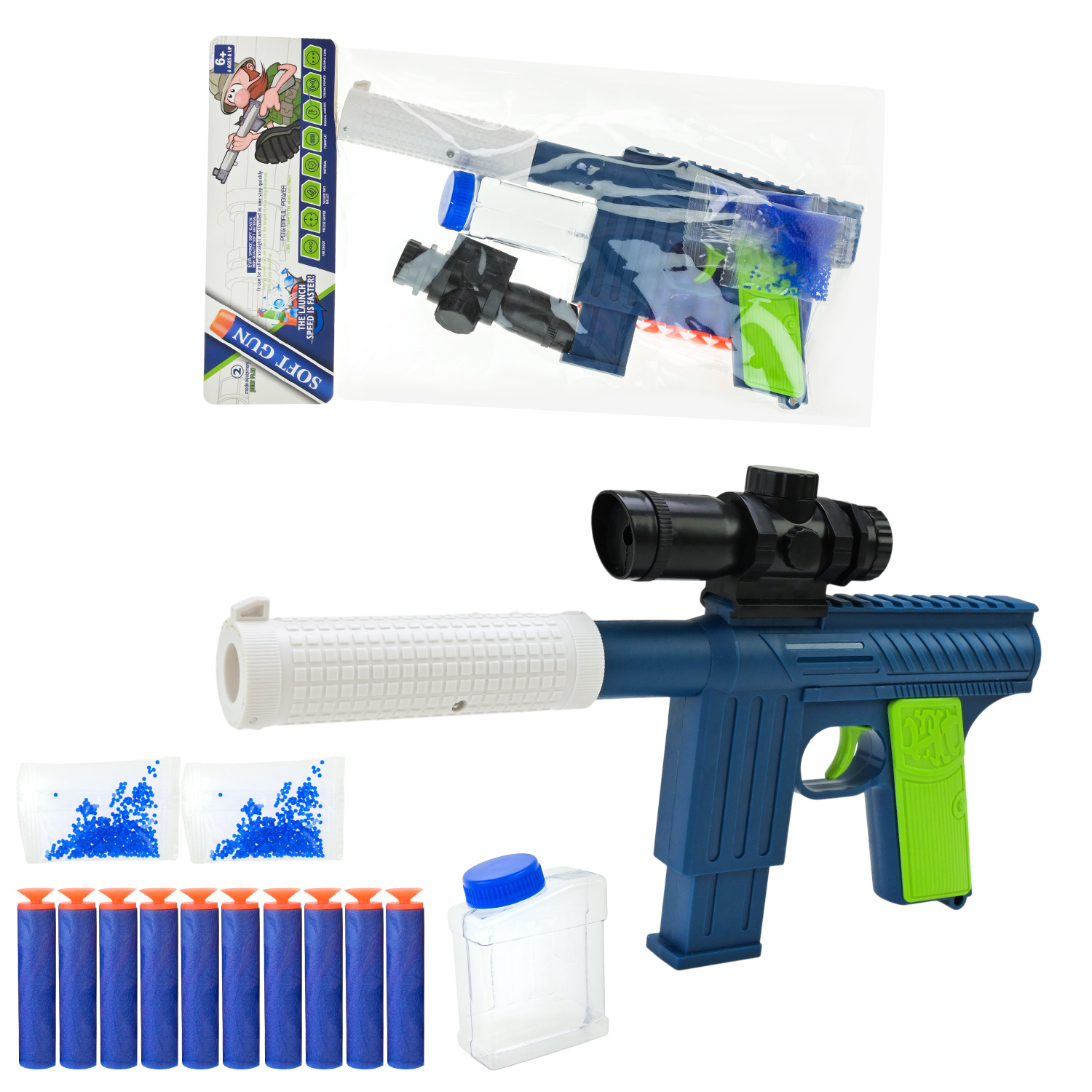 Бластер арт. 502-12 (72шт/2) 2 гелієві кулі, 10 поролонових снарядів, пакет 28*5*47см