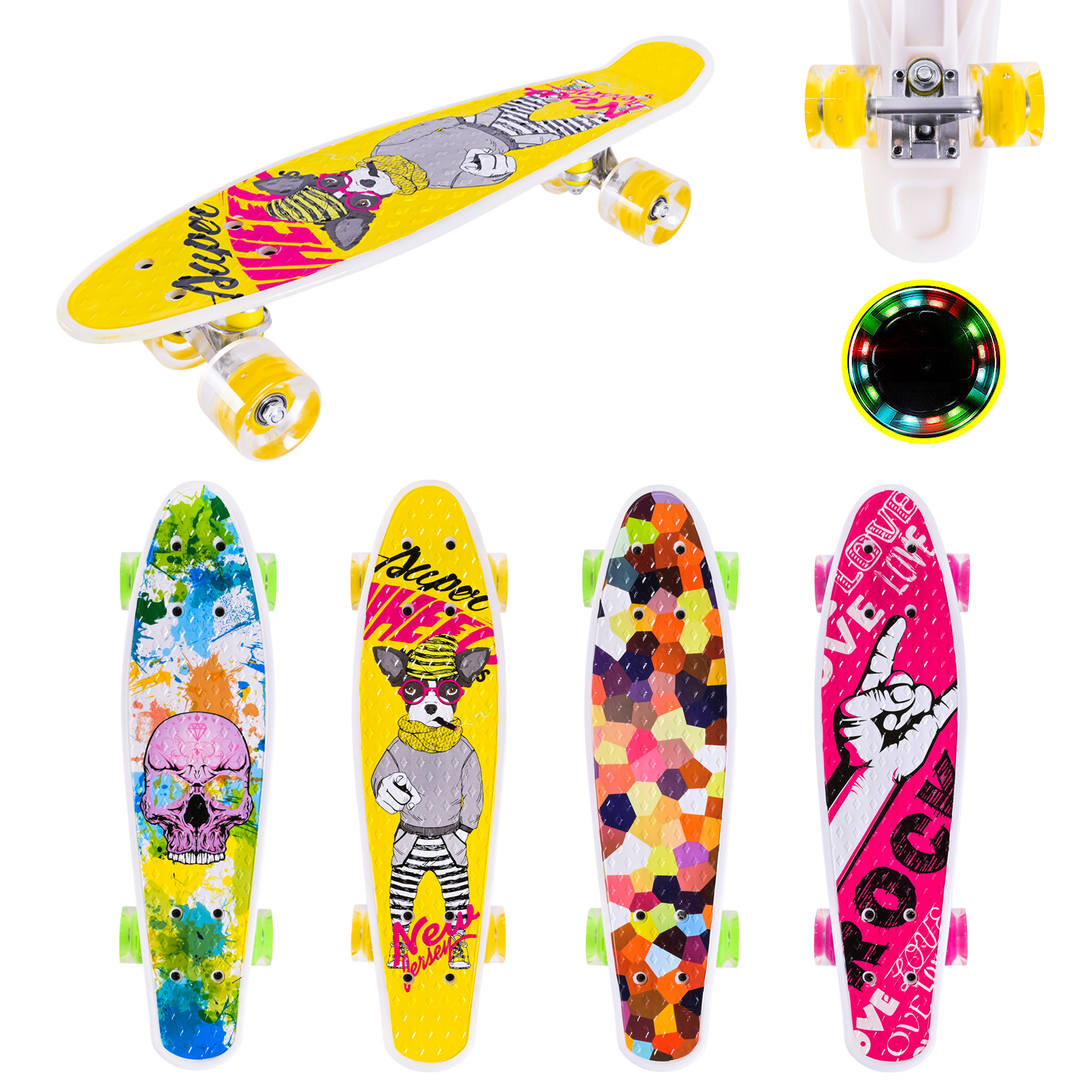 Пенні борд арт. SC25144 (8шт) 55*14,5 см колеса PU свiтяться,  4 види, у плівці