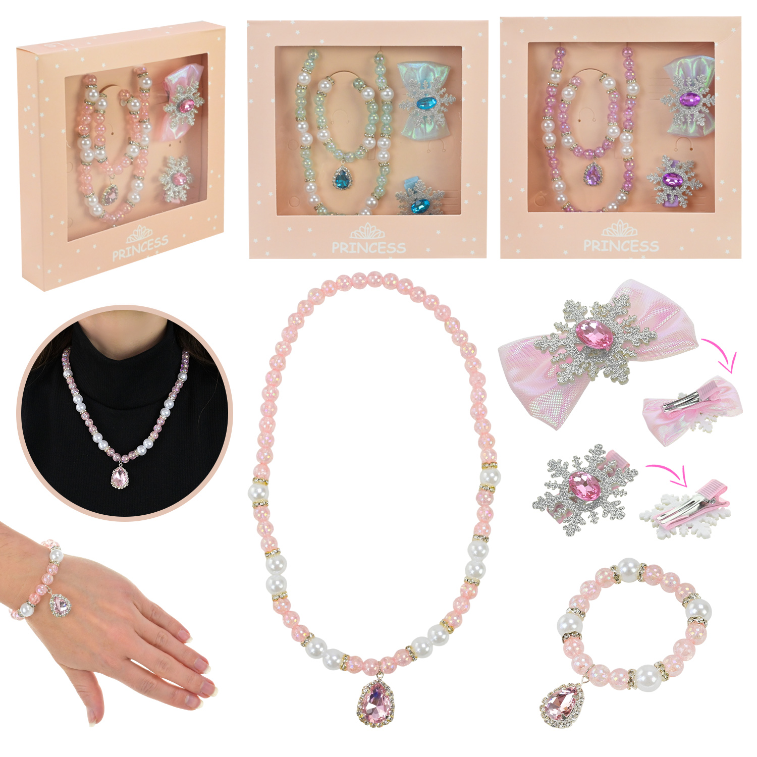 Аксесуари для дівчат арт. CN303 (300шт) 3 кольори намисто, заколки  короб. 15*15*2