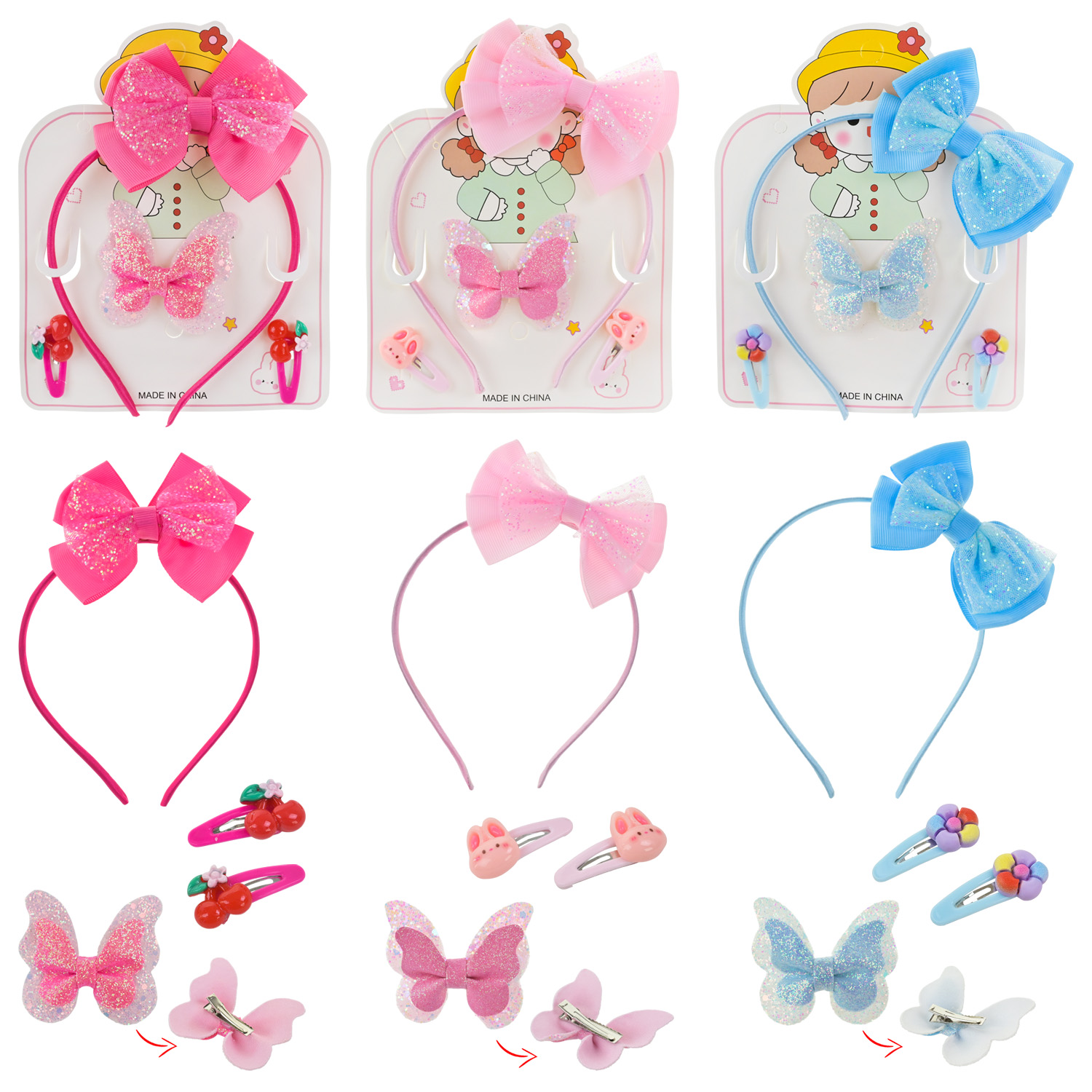 Аксесуари для дівчат арт. CN304 (400шт) обруч, заколки,3 кольори, планш. 15,5*18 см