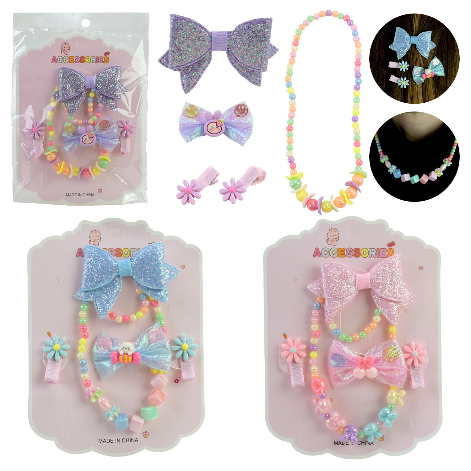 Аксесуари для дівчат арт. CN305 (400шт) 3 кольори, обруч, заколки, планш. 14*18,5см