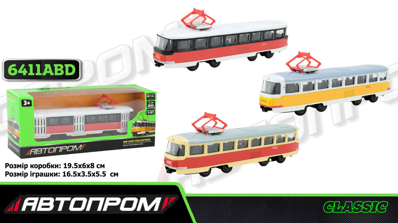 Трамвай мет. АВТОПРОМ арт. 6411ABD (96шт/4) 1:54, 3 кольор., короб.  19,5* 5*8см