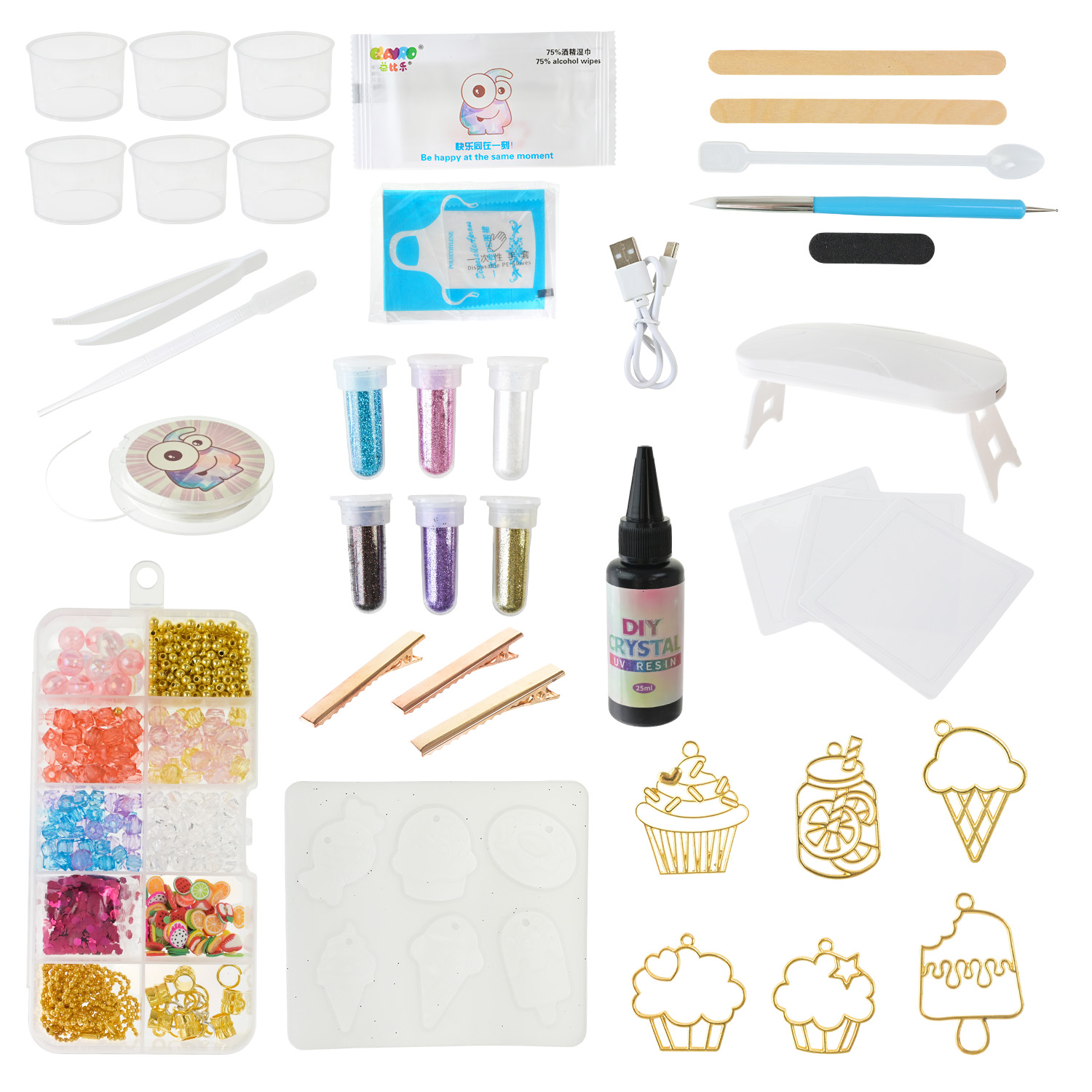 Набір для творчості арт. 9090E-3 (48шт/2) 4 види мікс,силіконова форма,ультрафіолетова лампа з кабелем живлення,намистини,наліпки короб. 38*23,7*5 см