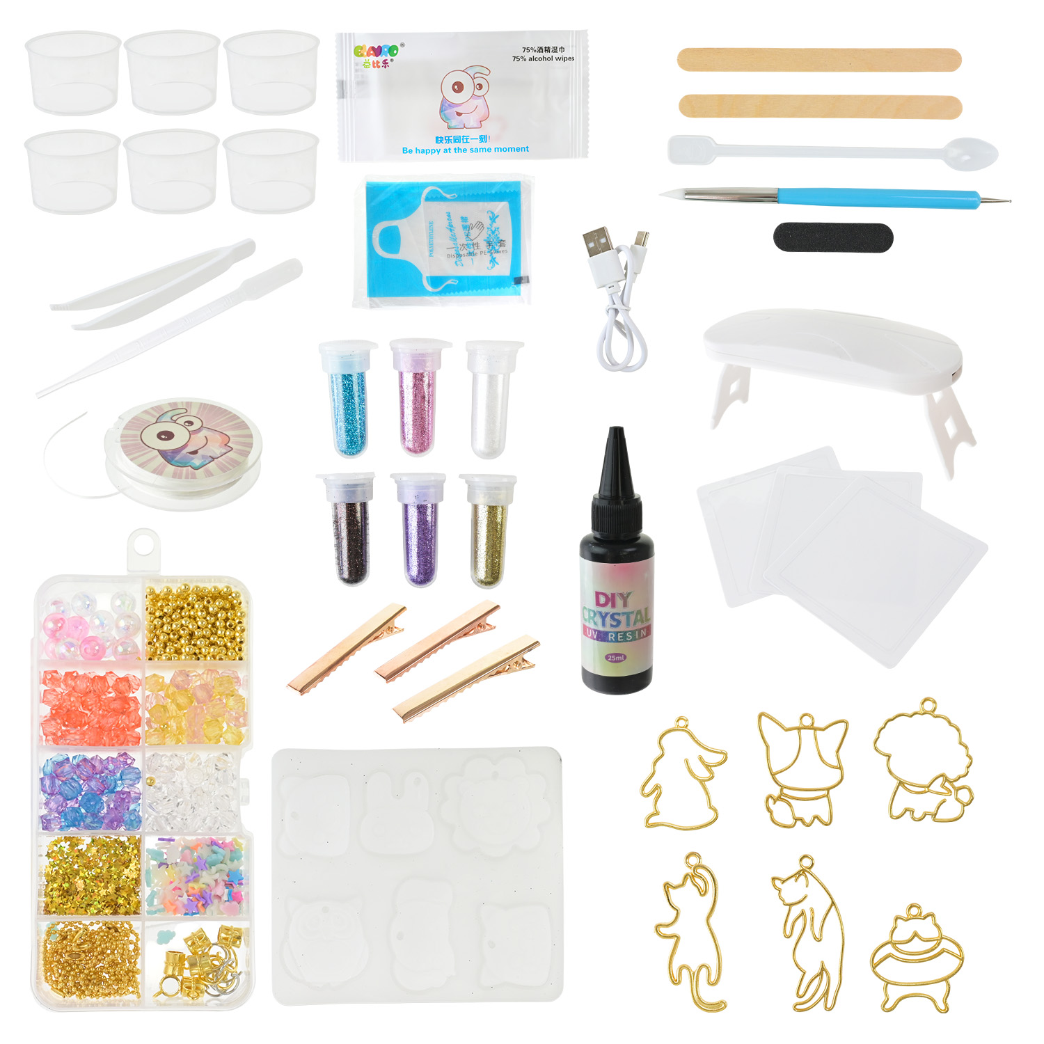 Набір для творчості арт. 9090E-3 (48шт/2) 4 види мікс,силіконова форма,ультрафіолетова лампа з кабелем живлення,намистини,наліпки короб. 38*23,7*5 см