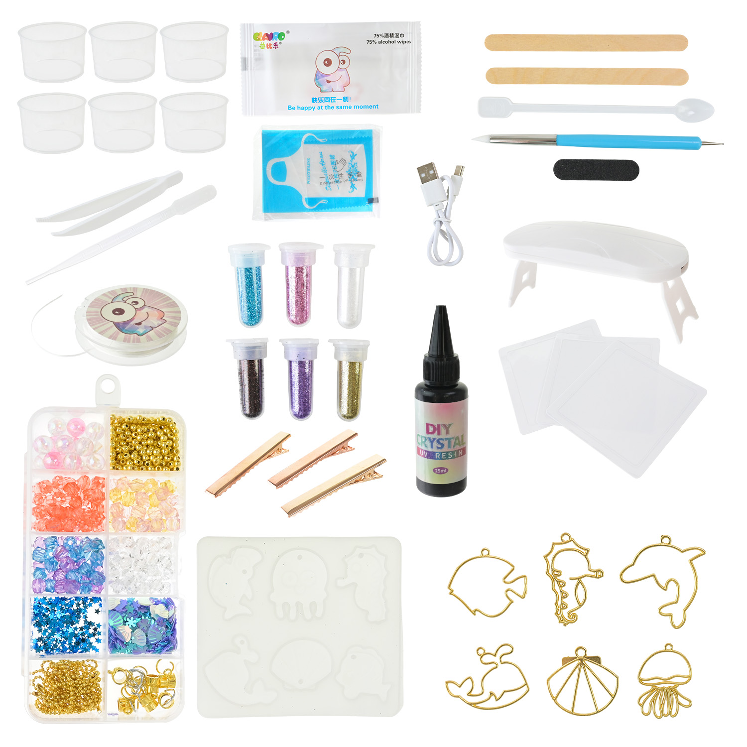 Набір для творчості арт. 9090E-3 (48шт/2) 4 види мікс,силіконова форма,ультрафіолетова лампа з кабелем живлення,намистини,наліпки короб. 38*23,7*5 см