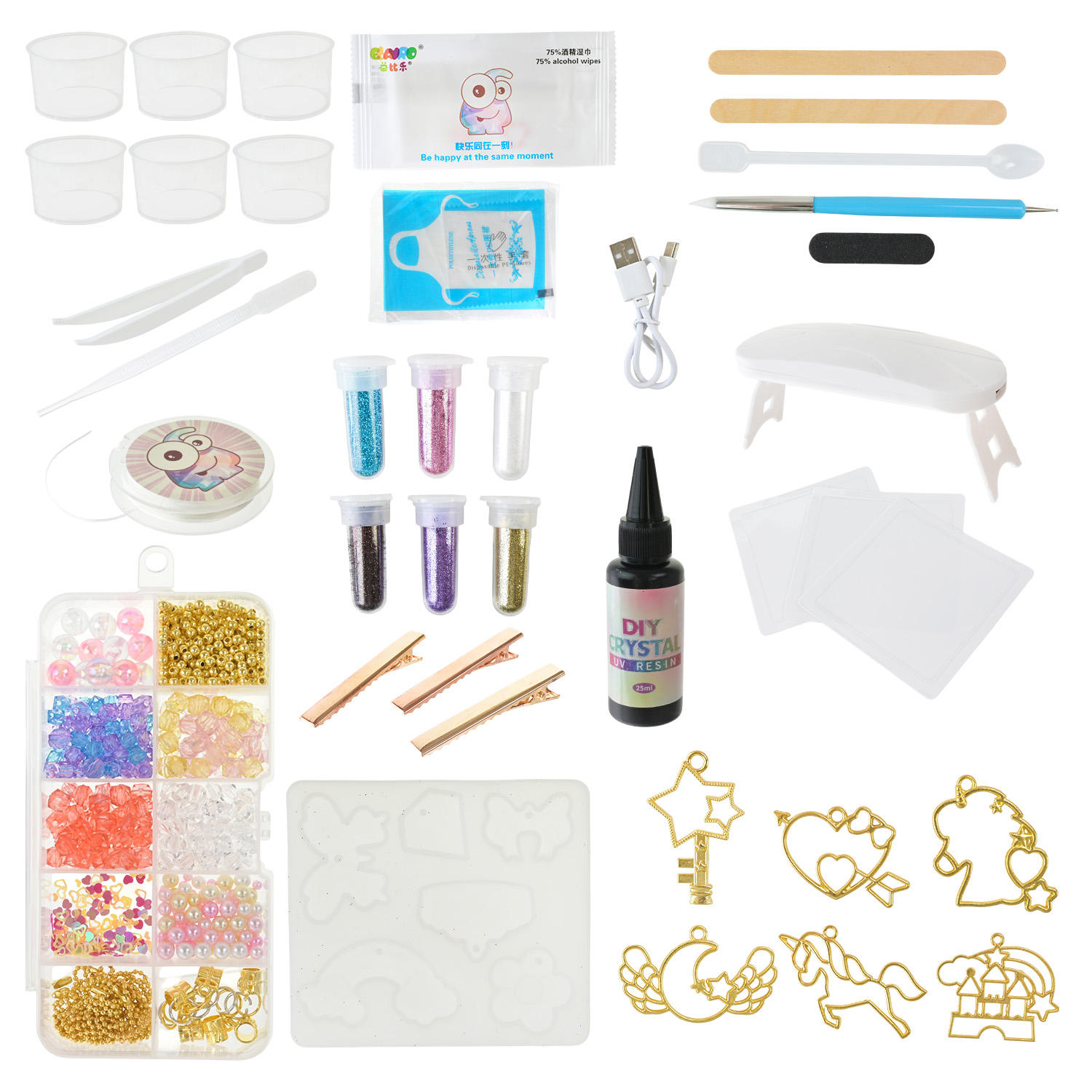 Набір для творчості арт. 9090E-3 (48шт/2) 4 види мікс,силіконова форма,ультрафіолетова лампа з кабелем живлення,намистини,наліпки короб. 38*23,7*5 см