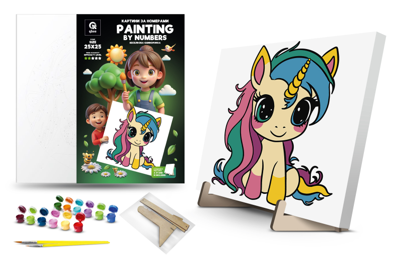 Набір для розпису по номерах QB900-012/QB901-012 "Веселкова єдиноріжка" 25х25см qbee З фарбами металік(1шт)