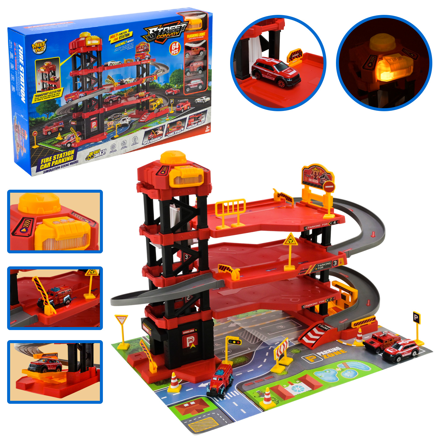Паркінг арт. MH-625 (16шт) "Пожежна частина",4-х рівневий,3 машинки,ліфт світло, звук,у короб.52*33,5*10см