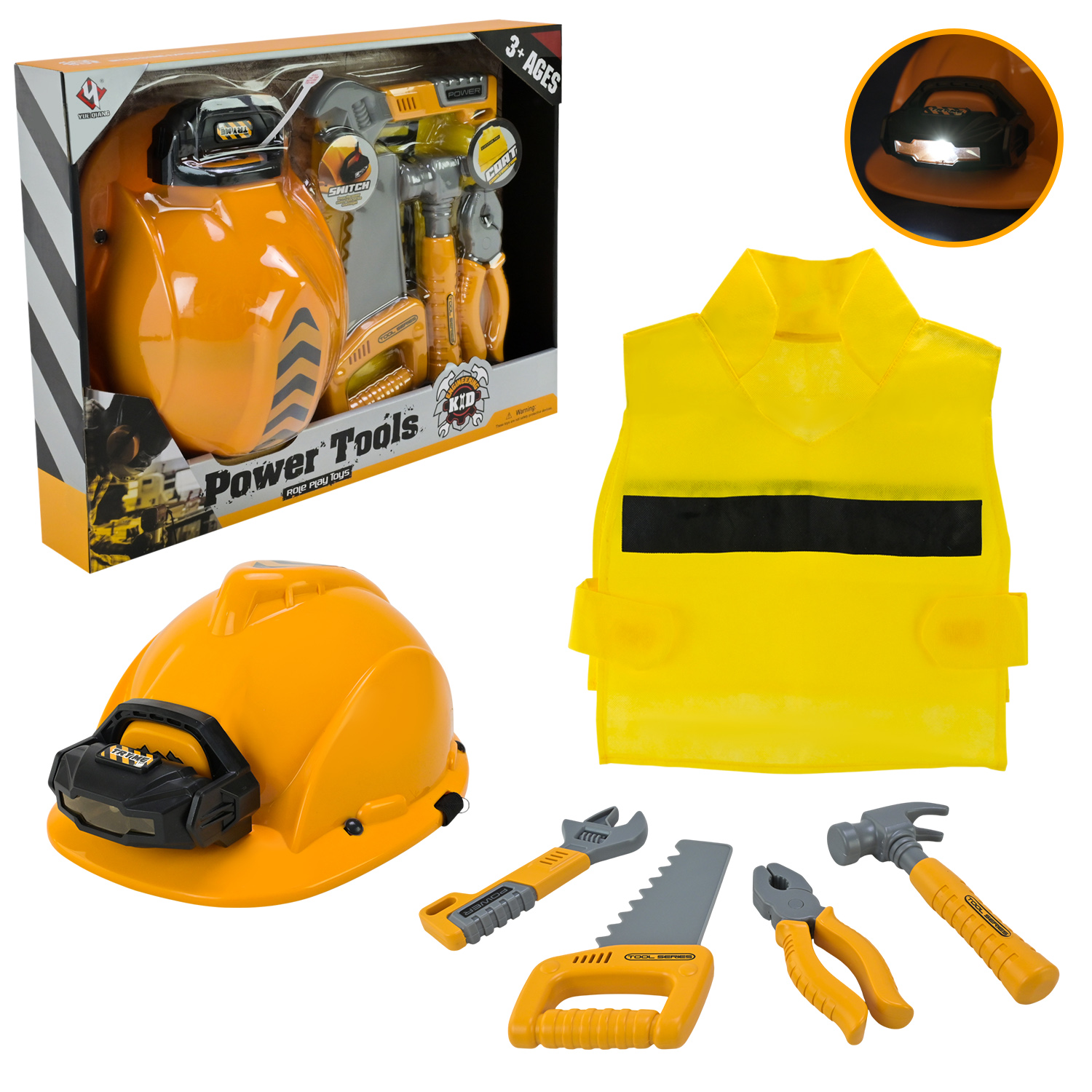 Ігровий набір арт. T007 (24шт/2) костюм будівельника,каска, молоток, пилка,аксесуари у короб.41*31*6см