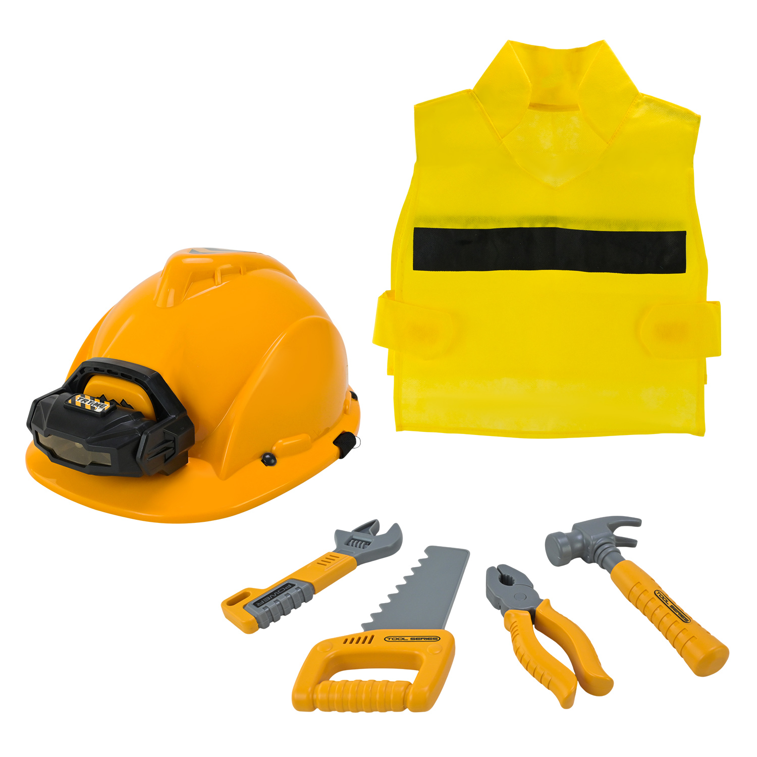 Ігровий набір арт. T007 (24шт/2) костюм будівельника,каска, молоток, пилка,аксесуари у короб.41*31*6см