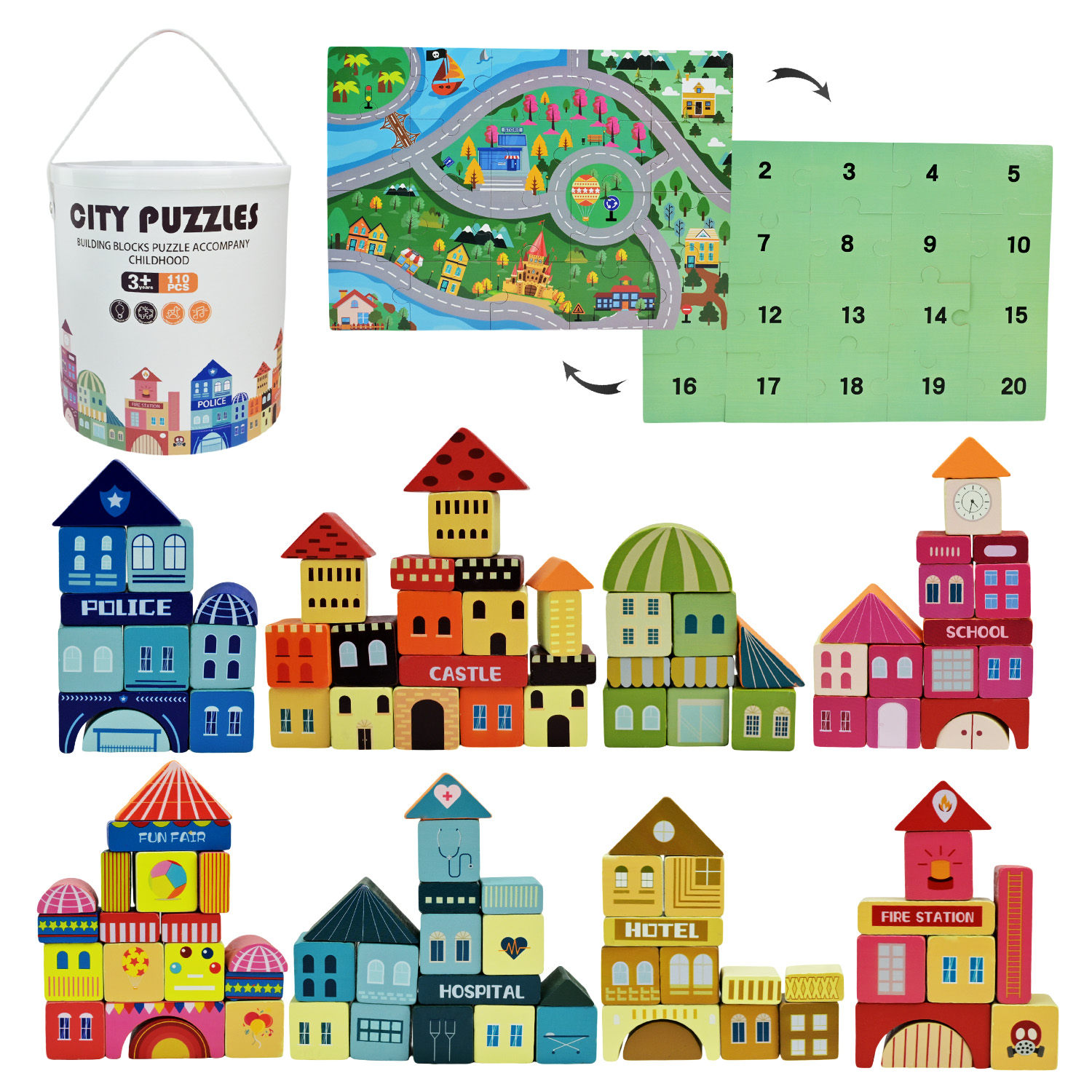 Дерев'яна іграшка арт. C15058 (18шт) 110 деталей у відрі 20*20*18см