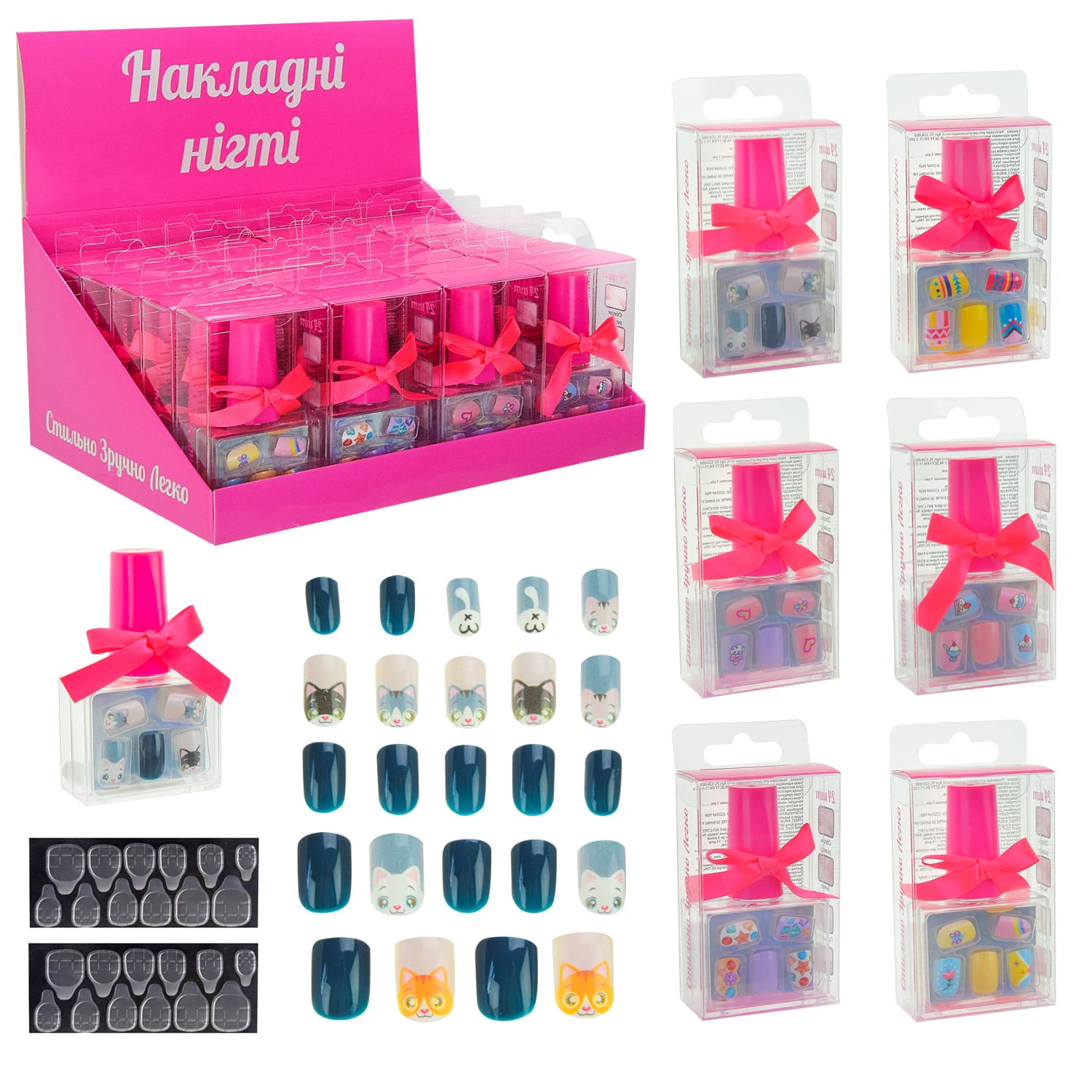 Аксесуари для дівчат арт. PL-524-003 (144шт) Накладні нігті, мікс 6 видів, на клейовій основі, 24 шт в упаковці, 6 д.б*24 шт дисп.бокс. 5*8*3см