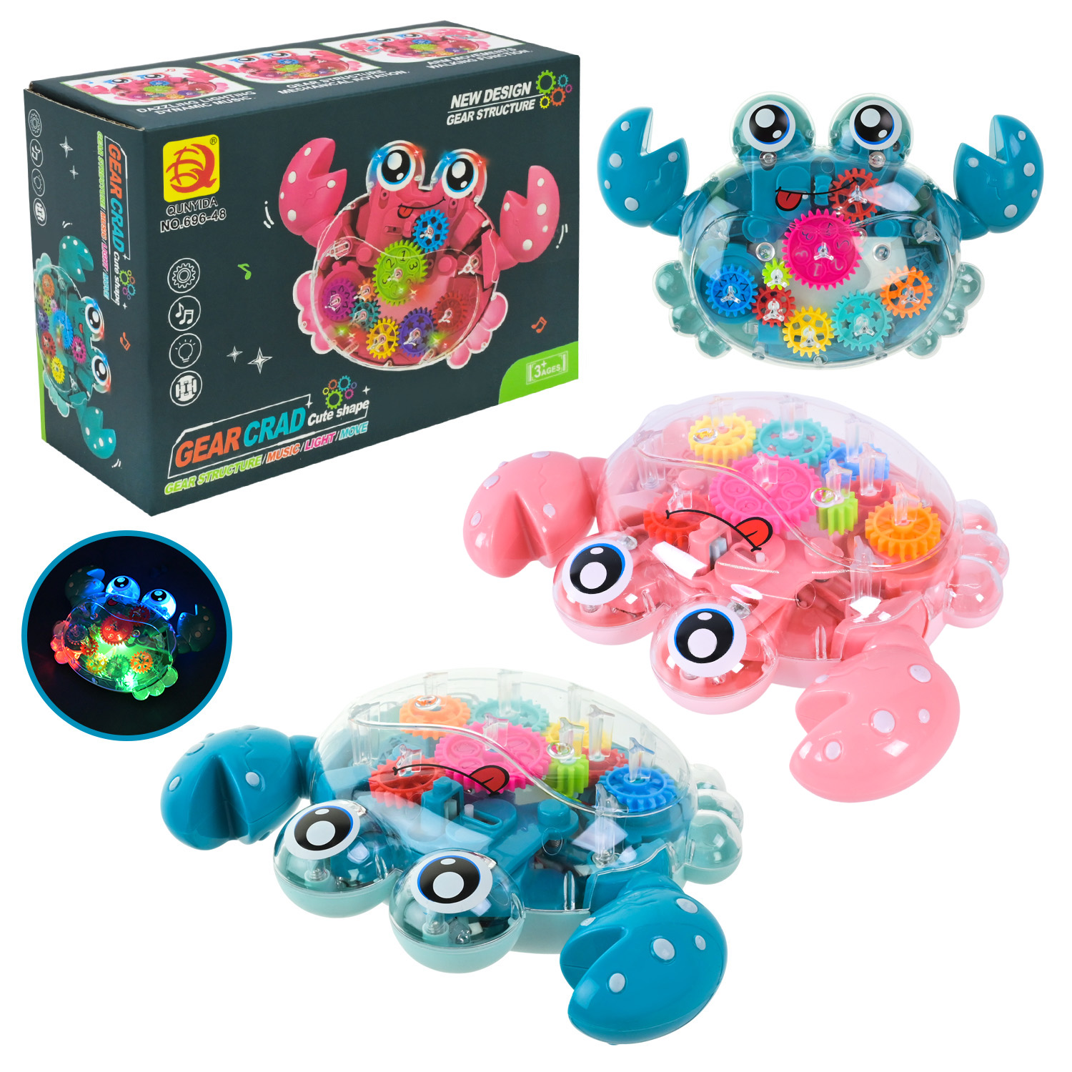 Тварина муз. арт.  696-48 (96шт/2) батар., крабик,2 кольори мікс,прозорий корпус,кольорові внутрішні деталі,світ.,звук, короб. 16,3*6,*11,6 см