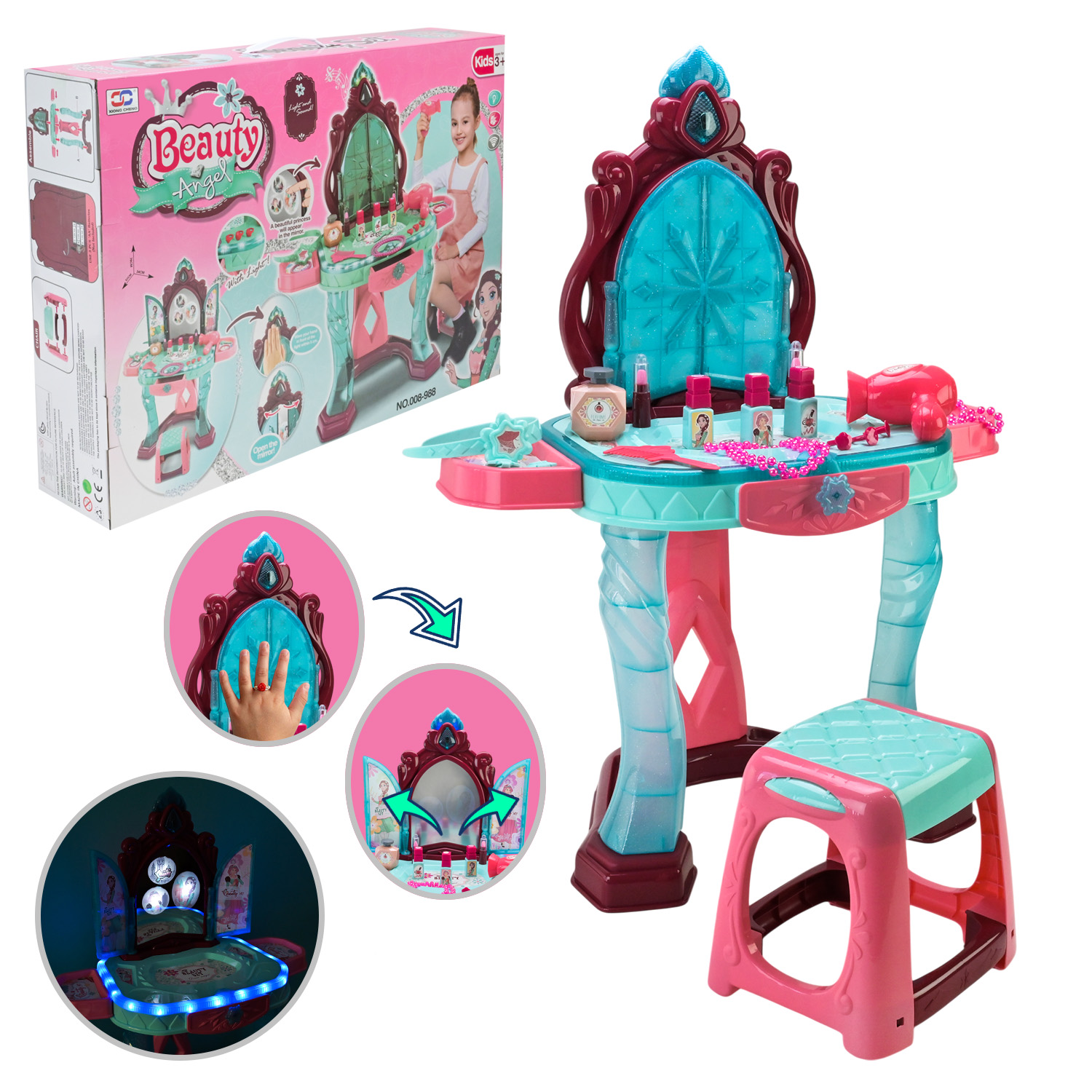 Трюмо набір арт. 008-988 (6шт) батар. світло, музика, інтерактивний екран,стілець, фен, аксесуари короб. 59*42,5*12