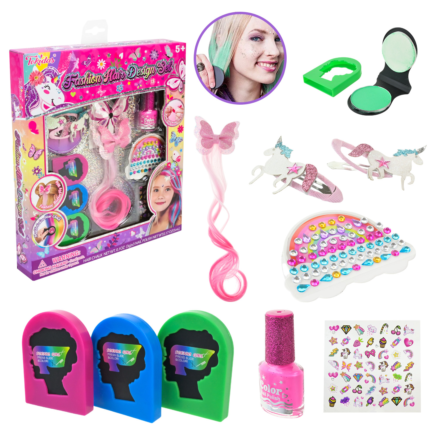 Косметика арт. T254 (24шт/4) крейда для волосся, кольорові пасма, резиночки, наліпки, аксес короб. 35*19*5 см