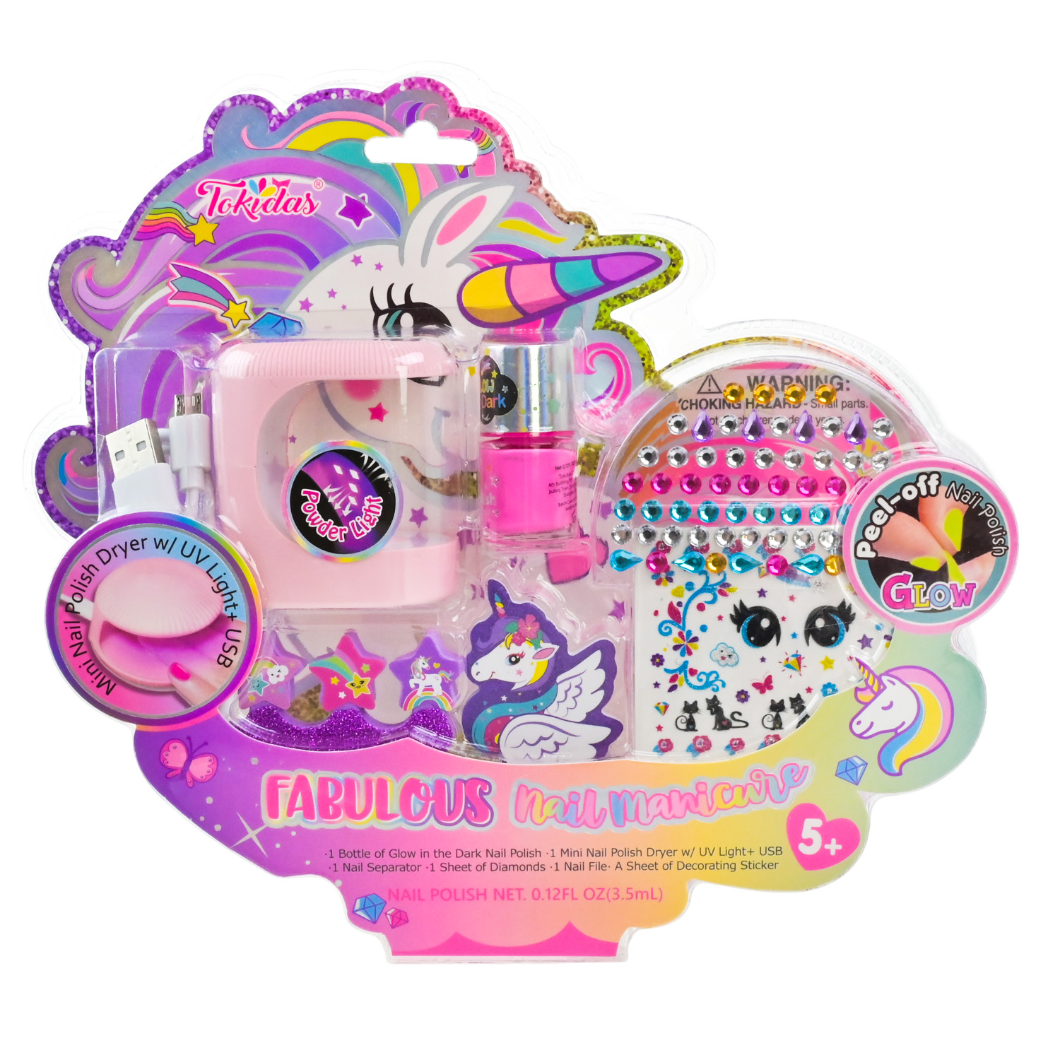 Манікюр набір арт. T043U (24шт/4)   лампа сушарка для лаку з ЮСБ кабелем, наліпки на нігті, лак світиться у темряві, аксес короб. 25*5*21 см