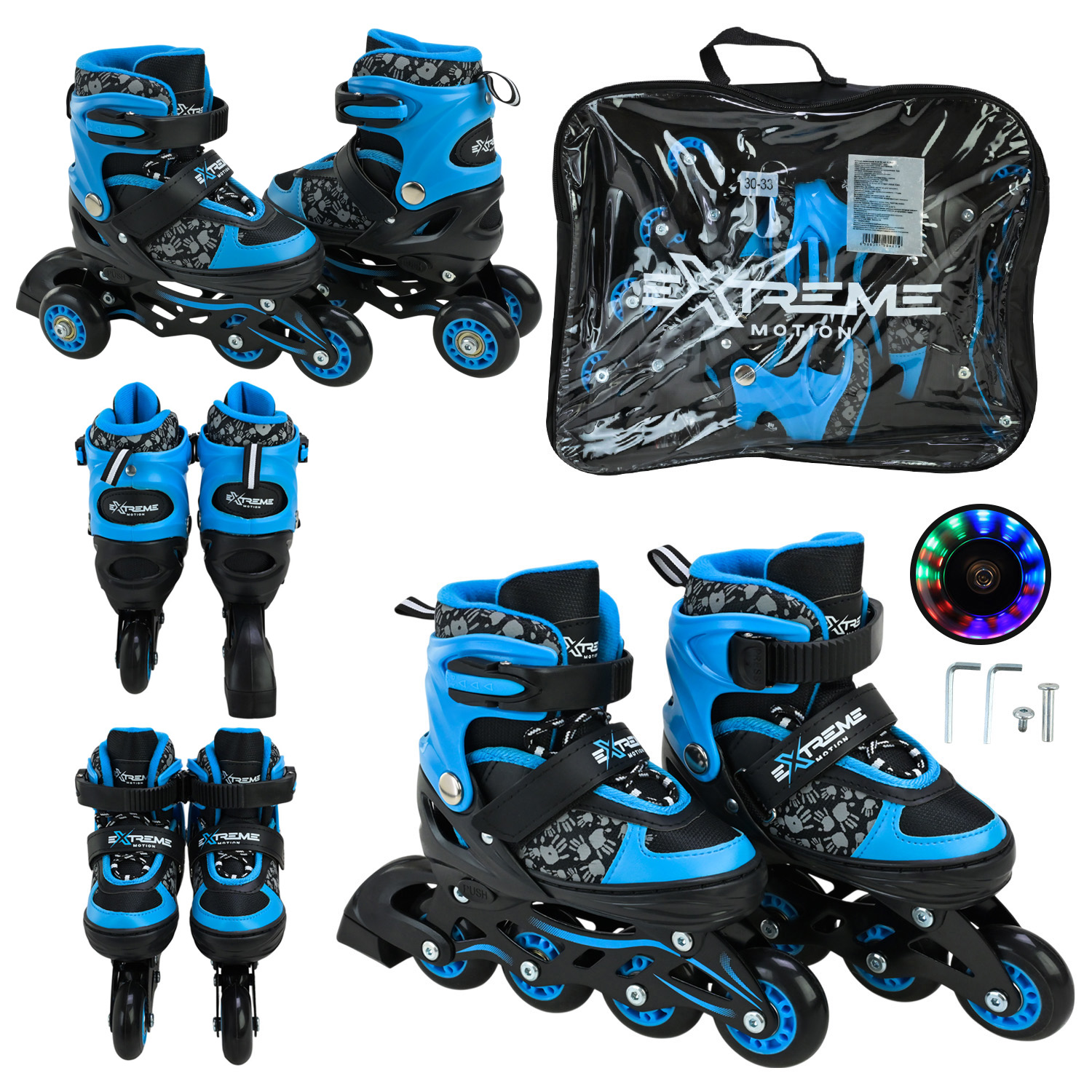 Роликові ковзани арт. RL25421 (6шт) розмір S (30-33) колеса PU 1 світло у сумці 38*7*31 см