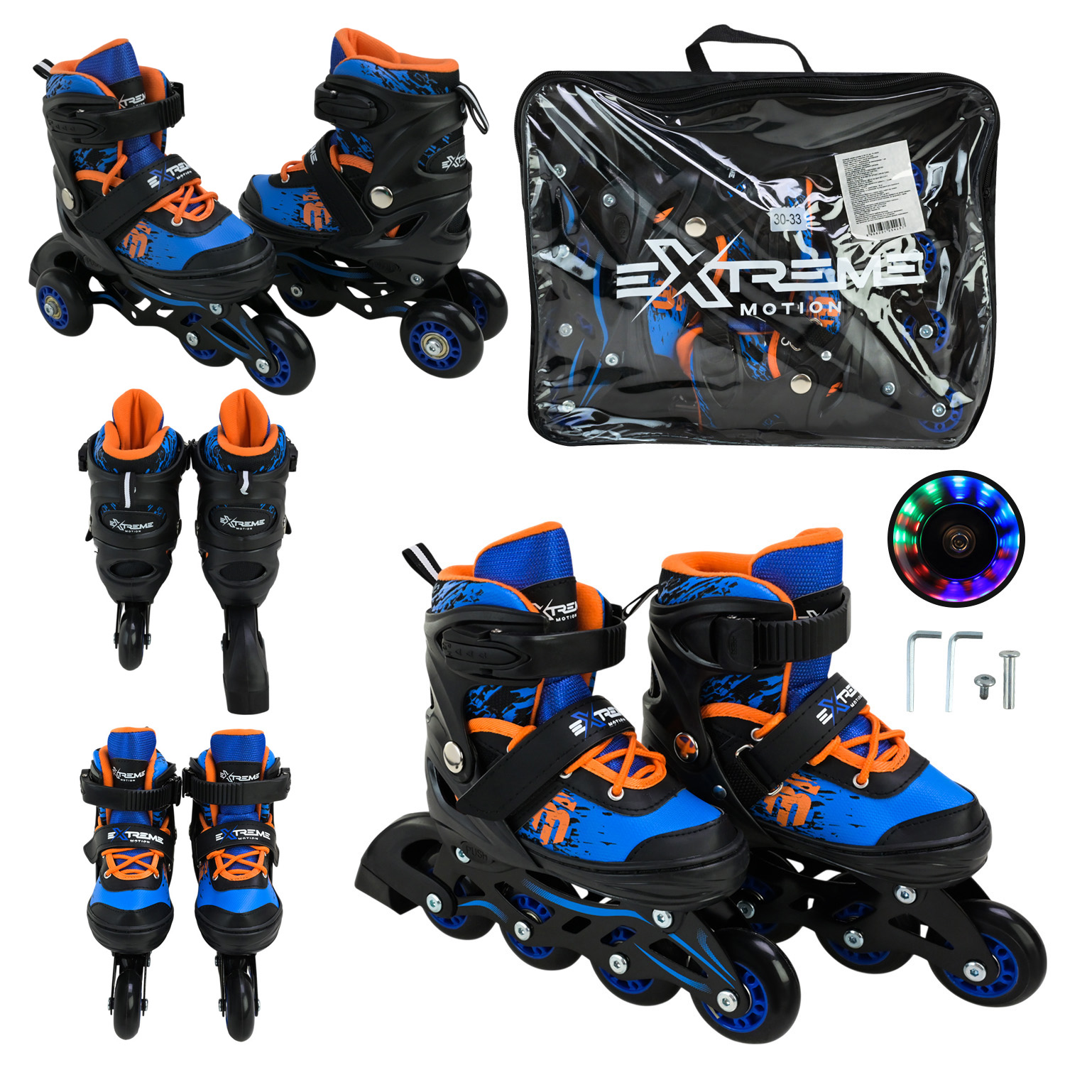 Роликові ковзани арт. RL25424 (6шт)  розмір S (30-33) колеса PU 1 світло у сумці 38*7*31 см