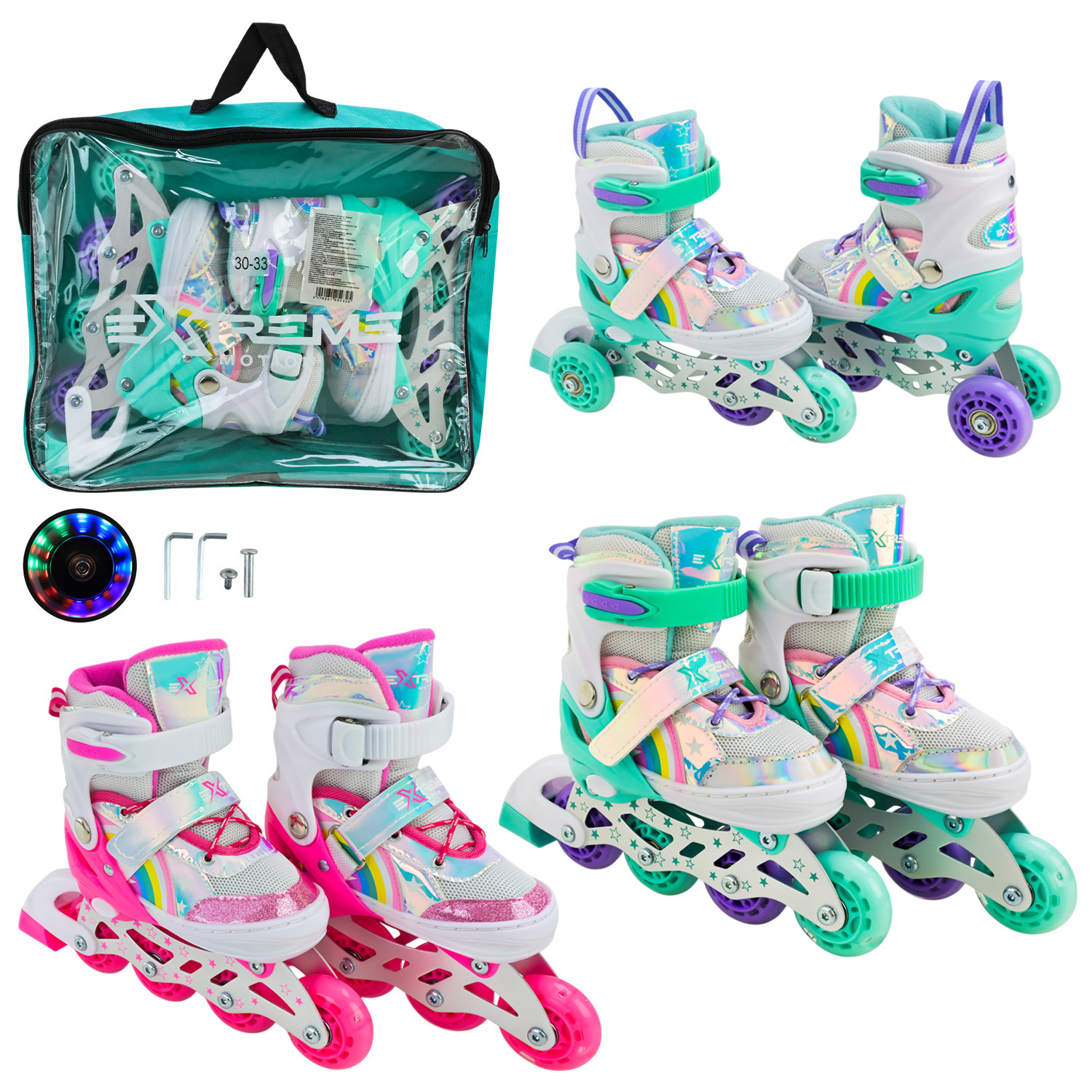 Роликові ковзани арт. RL25430 (6шт)  розмір S (30-33) колеса PU 1 світло 2 кольори, у сумці 38*7*31 см