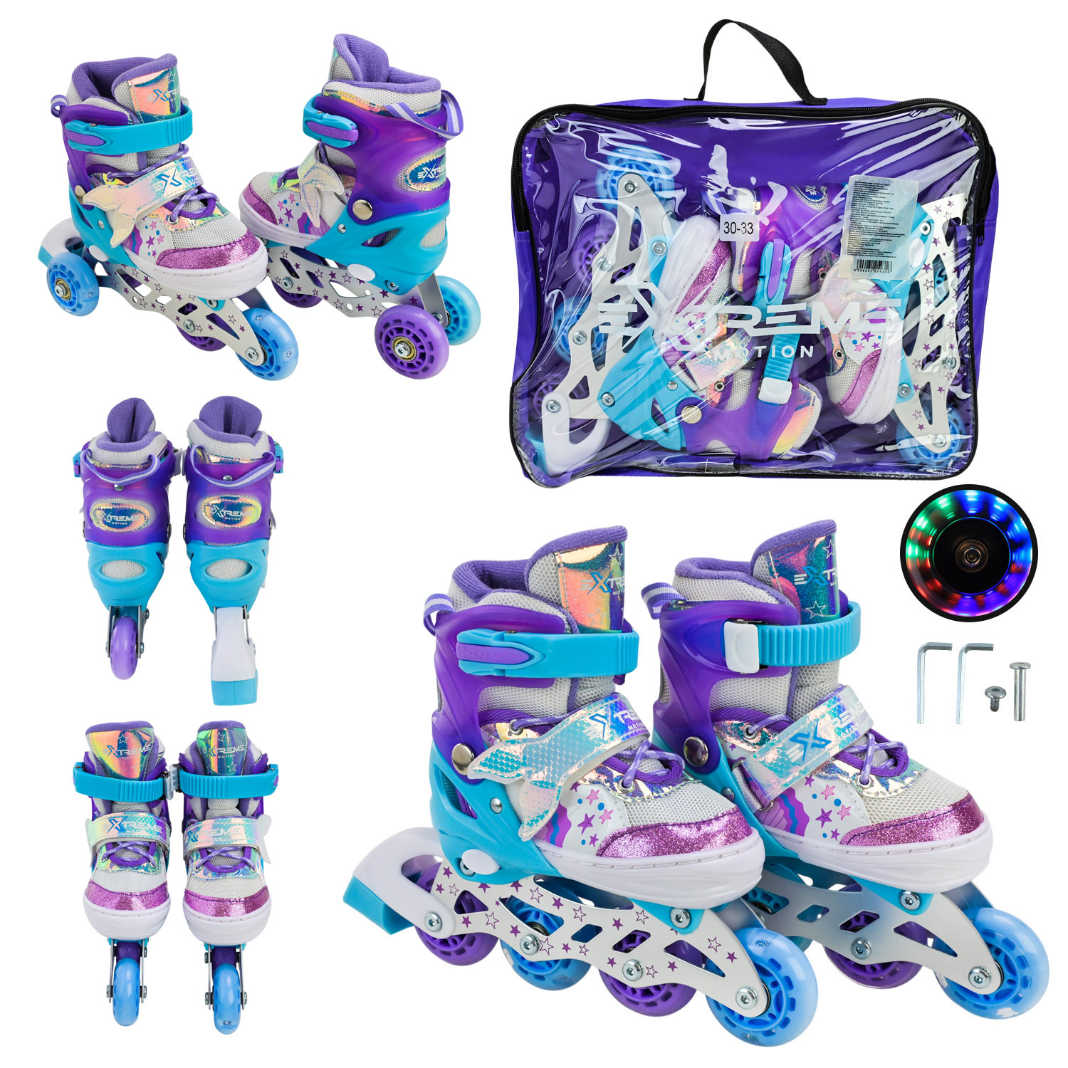 Роликові ковзани арт. RL25433 (6шт) розмір S (30-33) колеса PU 1 світло у сумці 38*7*31 см