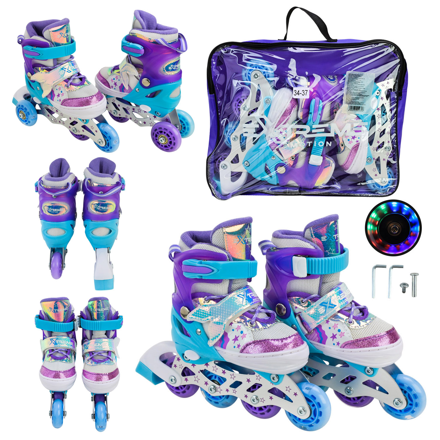 Роликові ковзани арт. RL25434 (6шт)  розмір M (34-37) колеса PU 1 світло